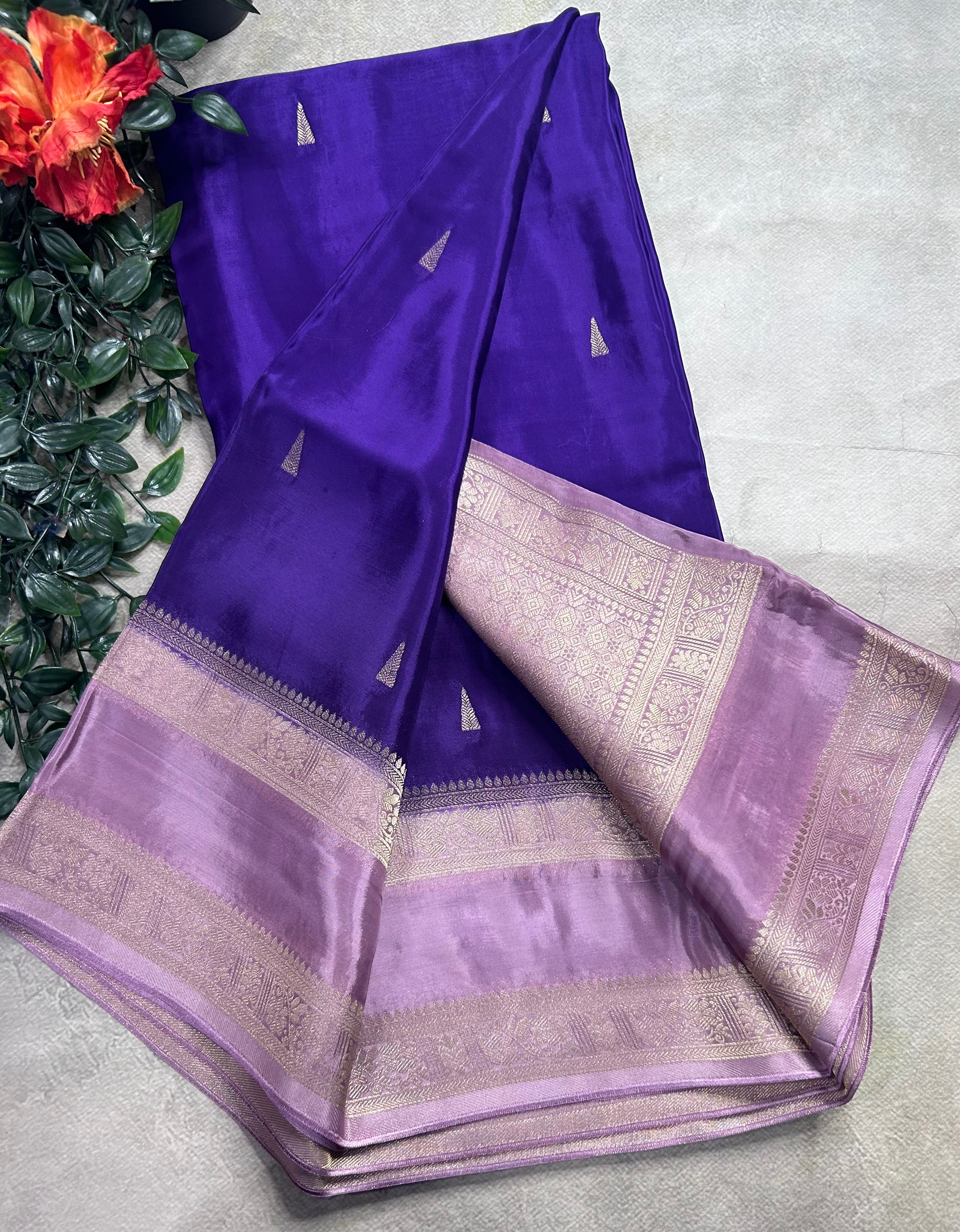 Purple contrast bentex border semi Mysore crepe 106 saree