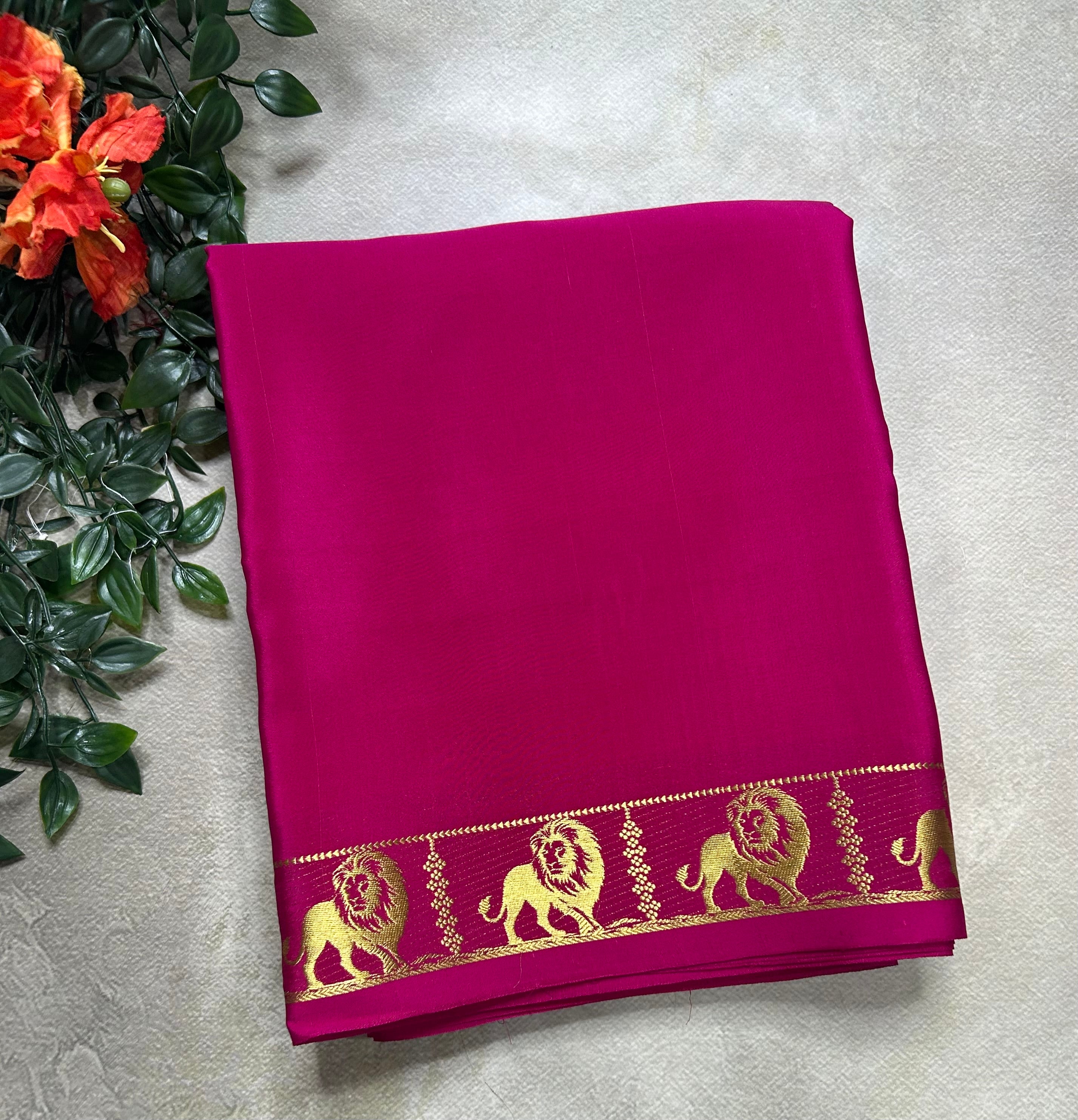 Pink lion border pure Mysore silk 105 saree