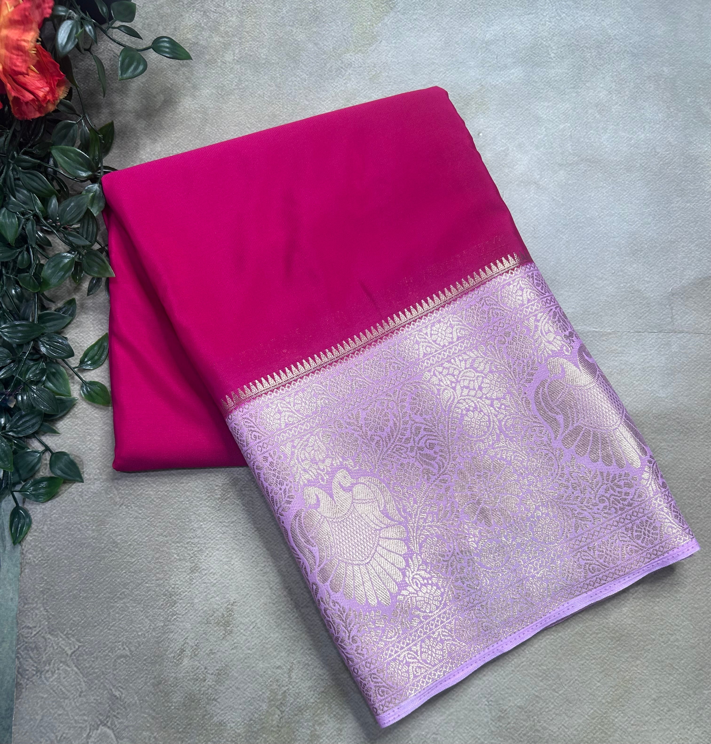 Rani pink contrast long border soft semi Mysore crepe 106 saree