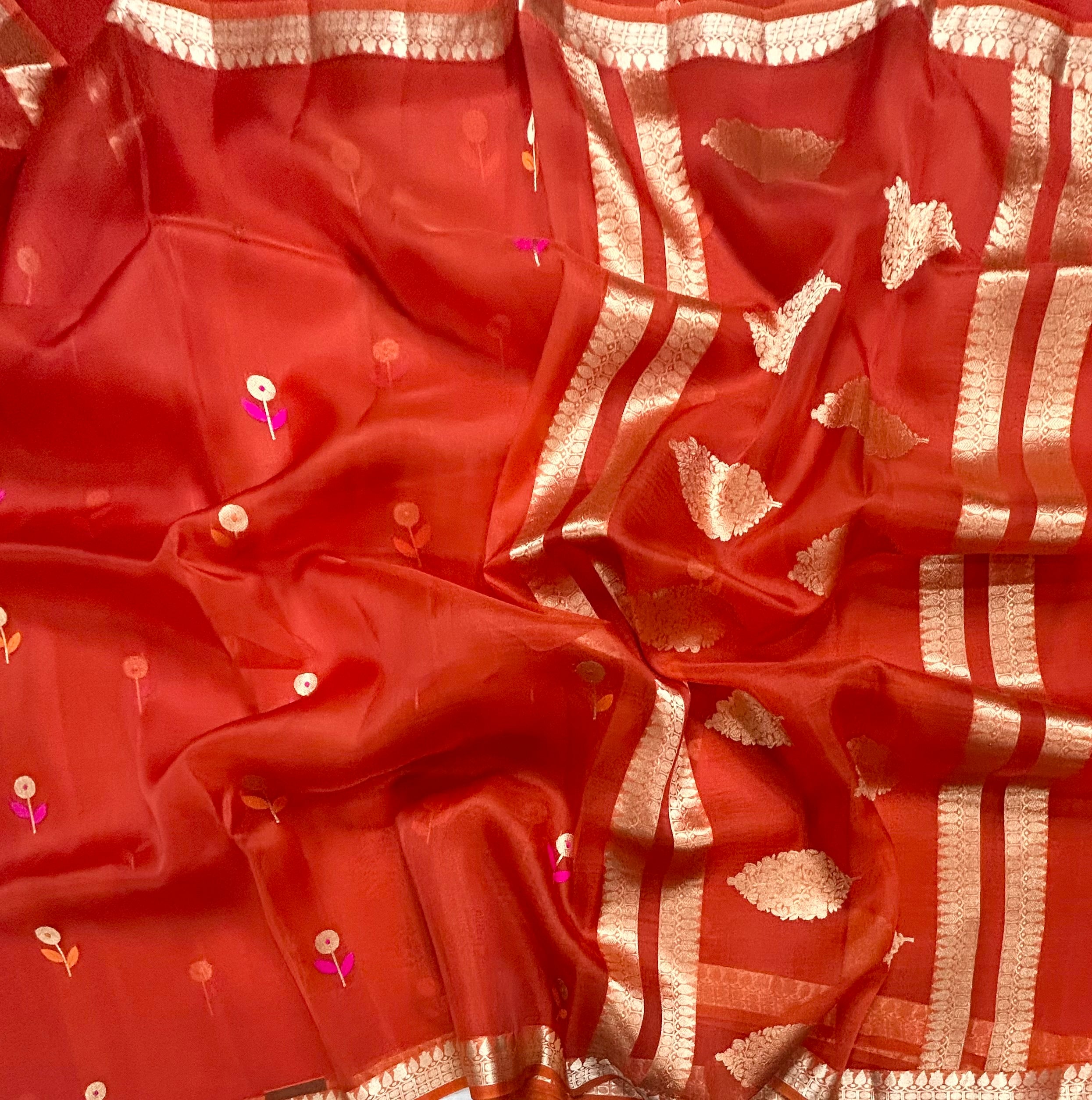 Orange pure kora 105 organza silk saree