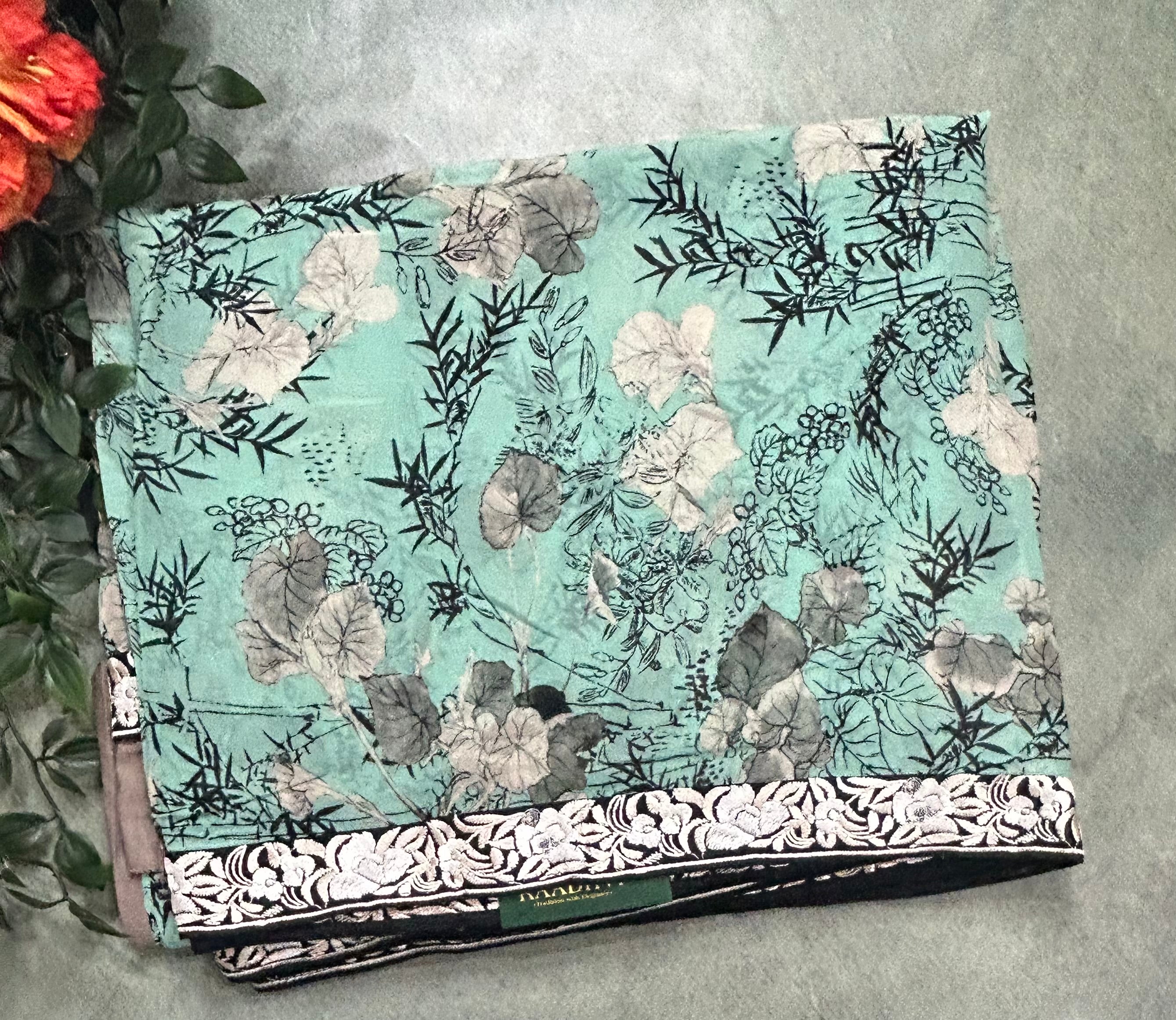 Aqua green digital printed border 104 chinnon saree