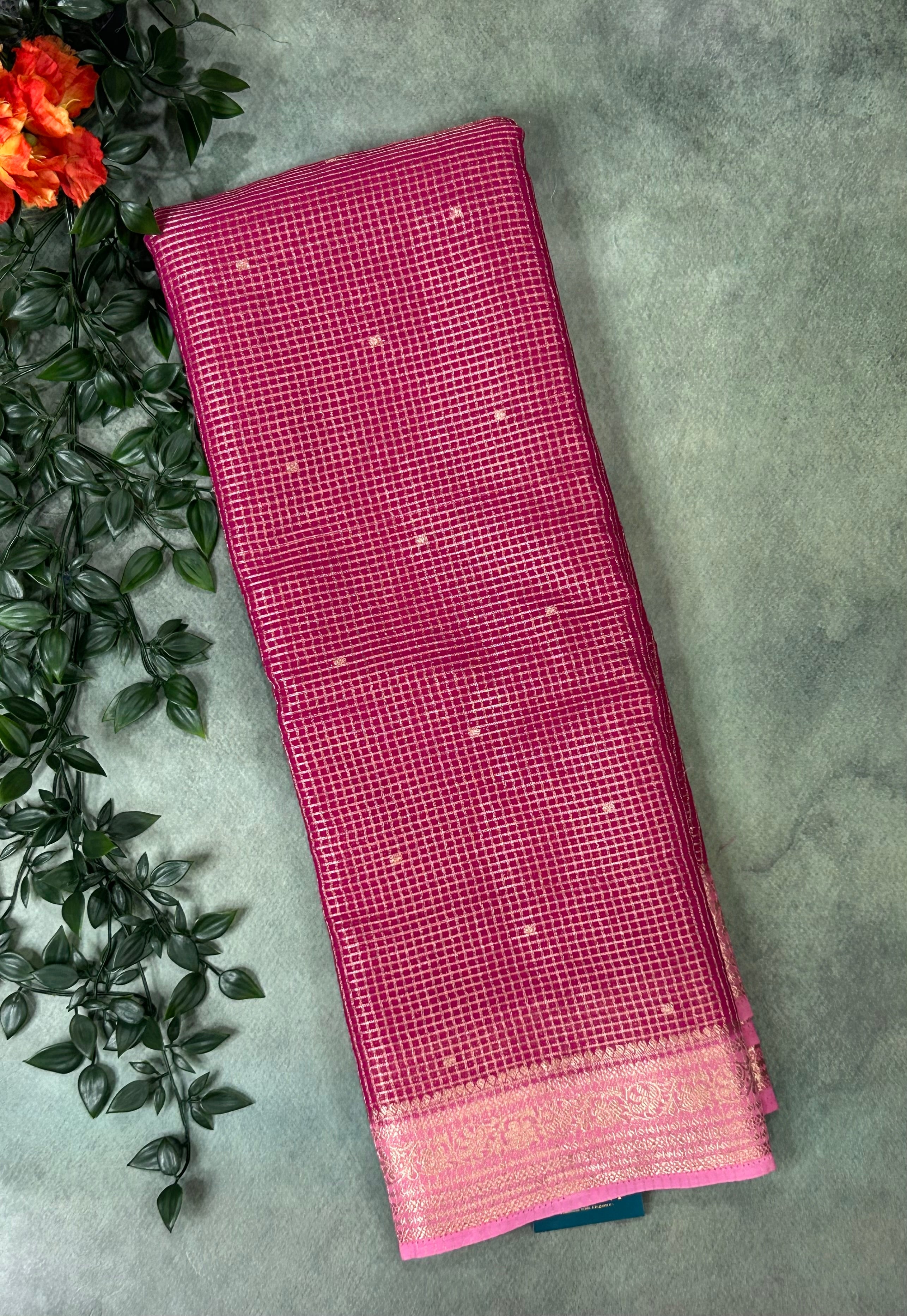 Rani pink small checks semi mysore crepe-12 saree