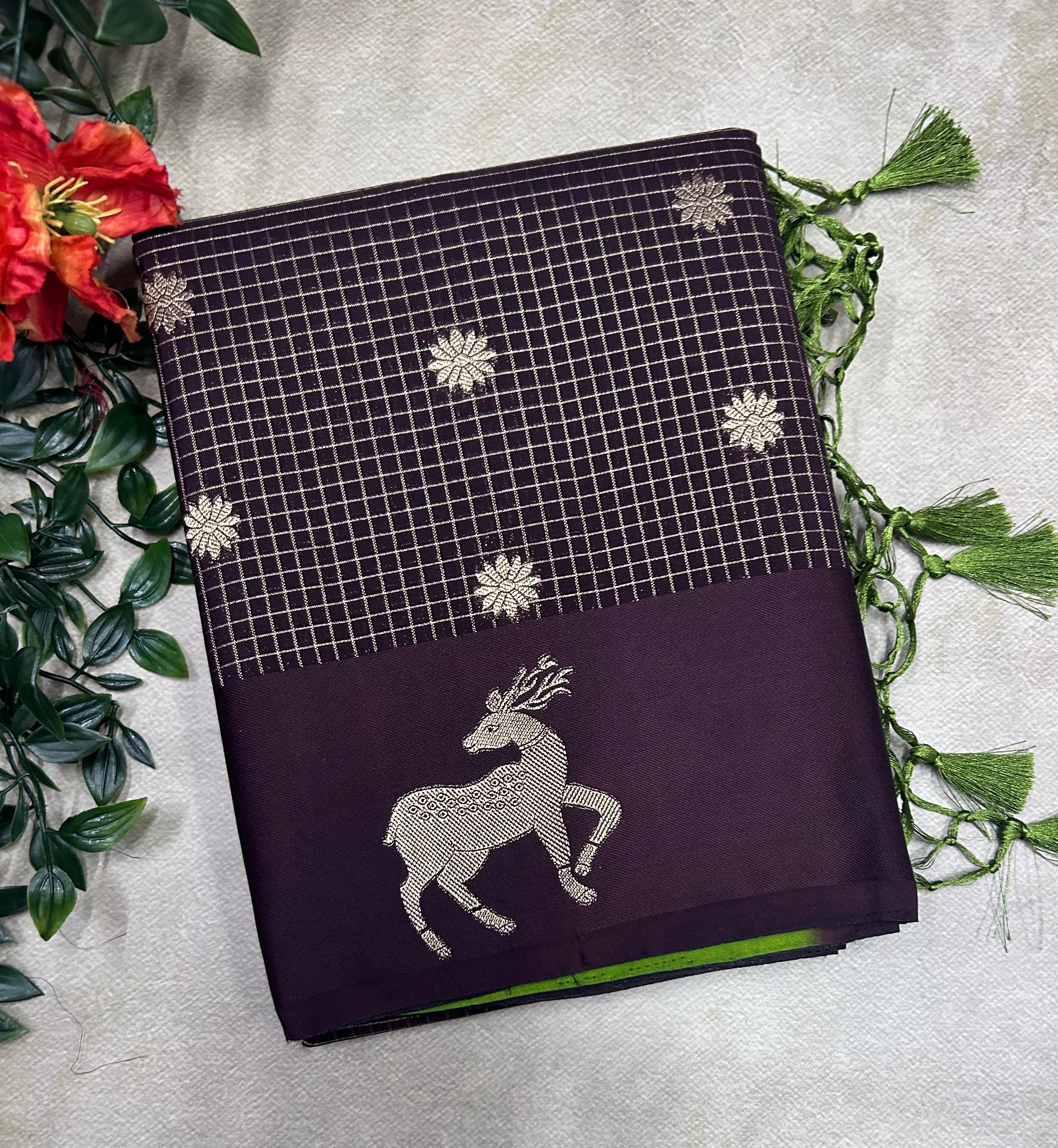 Dark brown small checks semi Mysore crepe saree(SMC106)