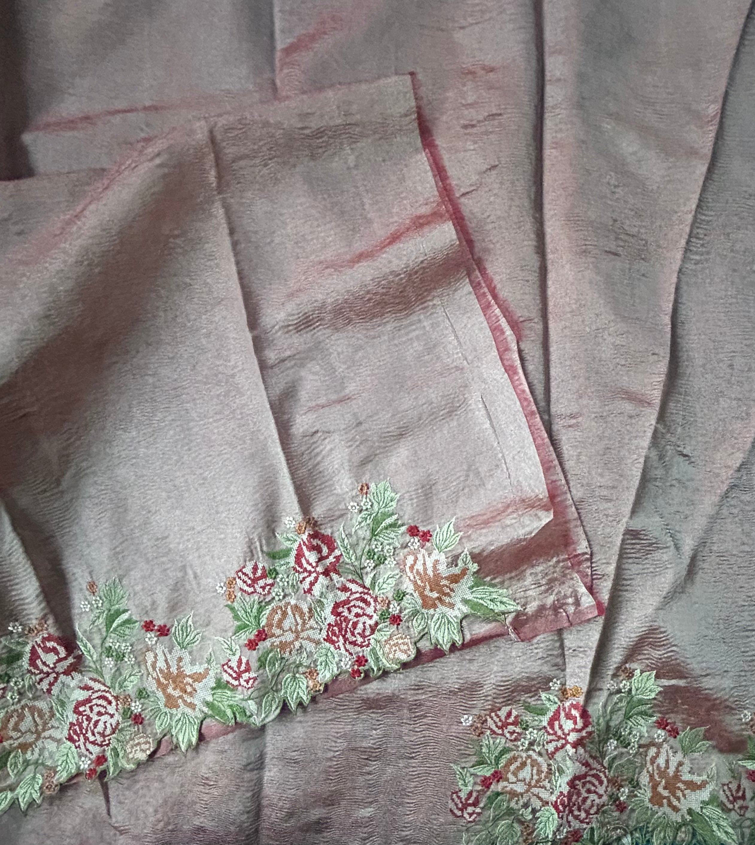Light red embroidery work border party wear saree