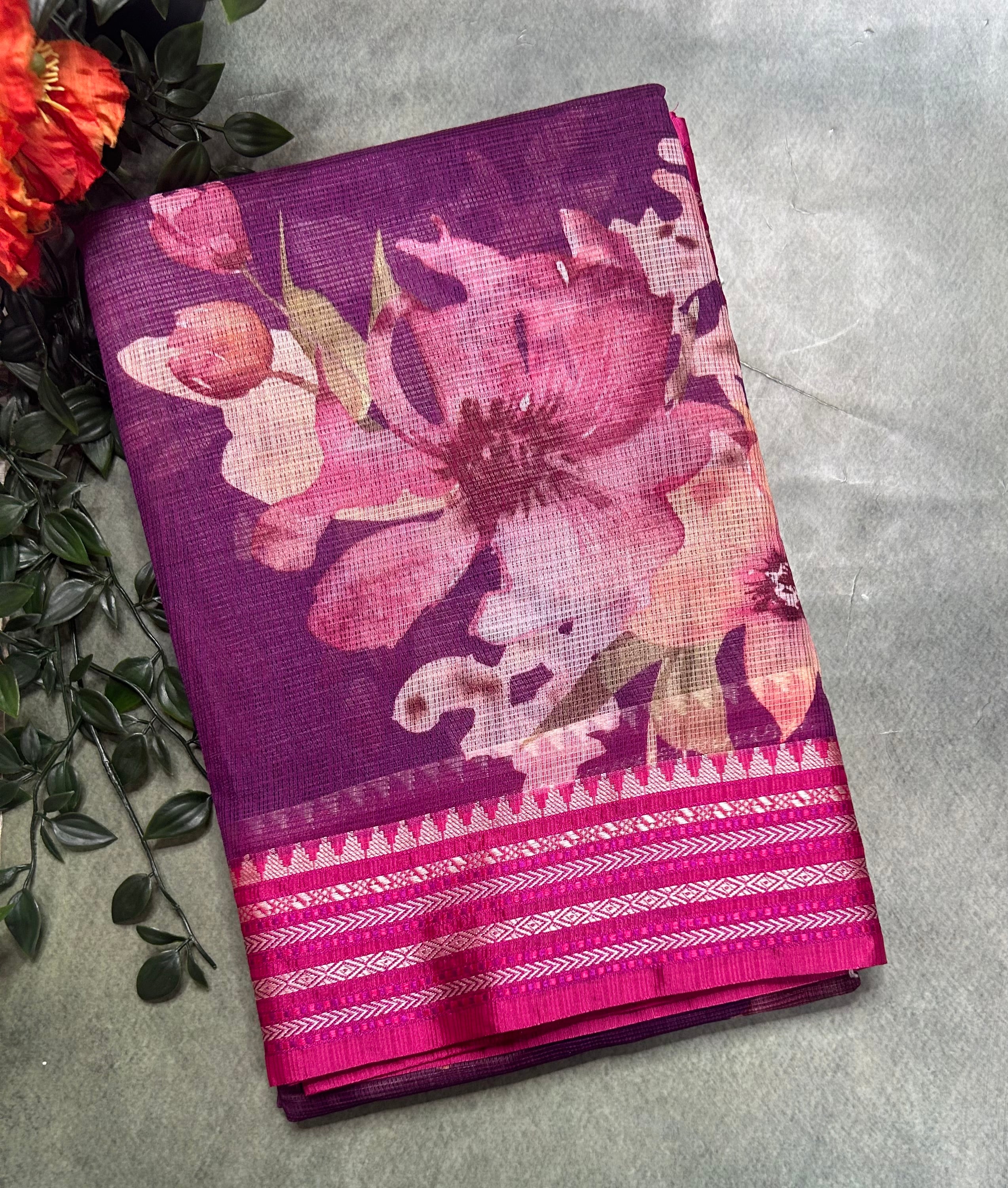 Dark purple digital print Kota checks 105 saree