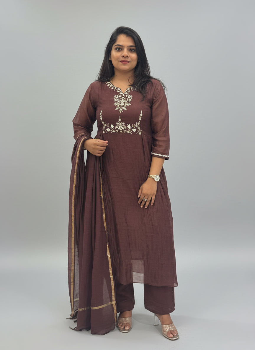Brown Mul Chanderi silk airline  Kurtha 765 with Handwork Embroidery