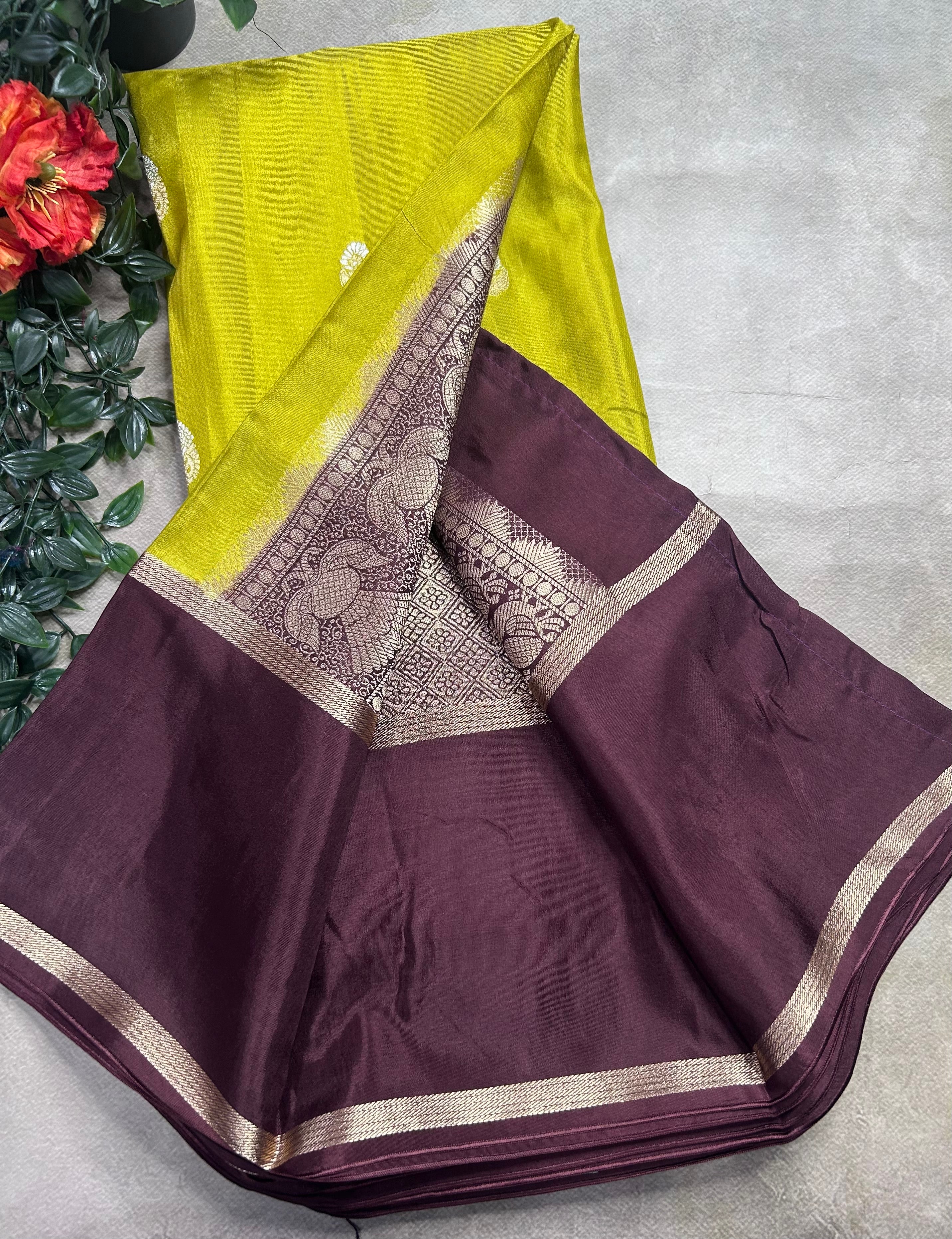 Olive yellow bentex border semi Mysore crepe 106 saree