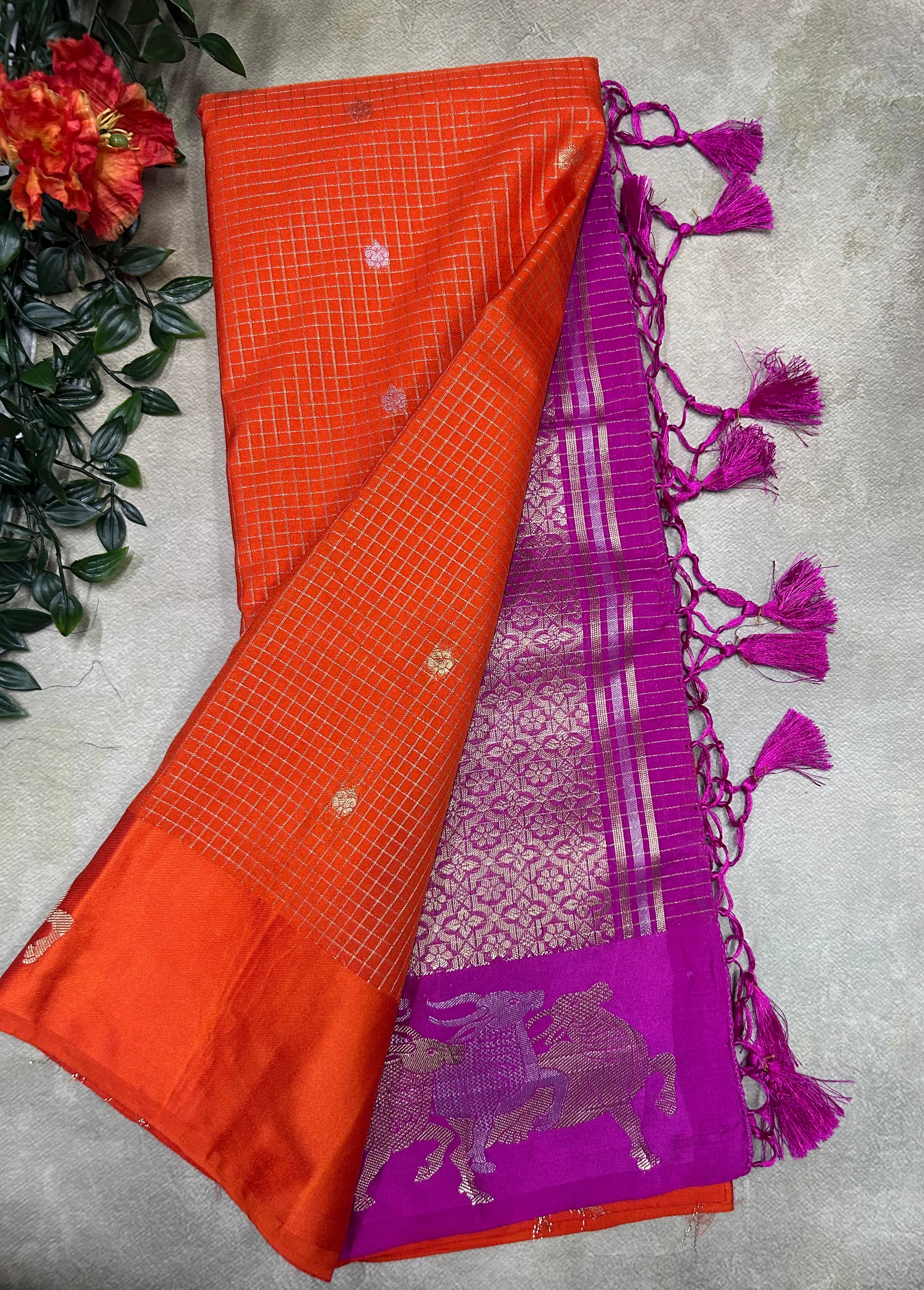 Orange small checks semi Mysore crepe saree(SMC106)