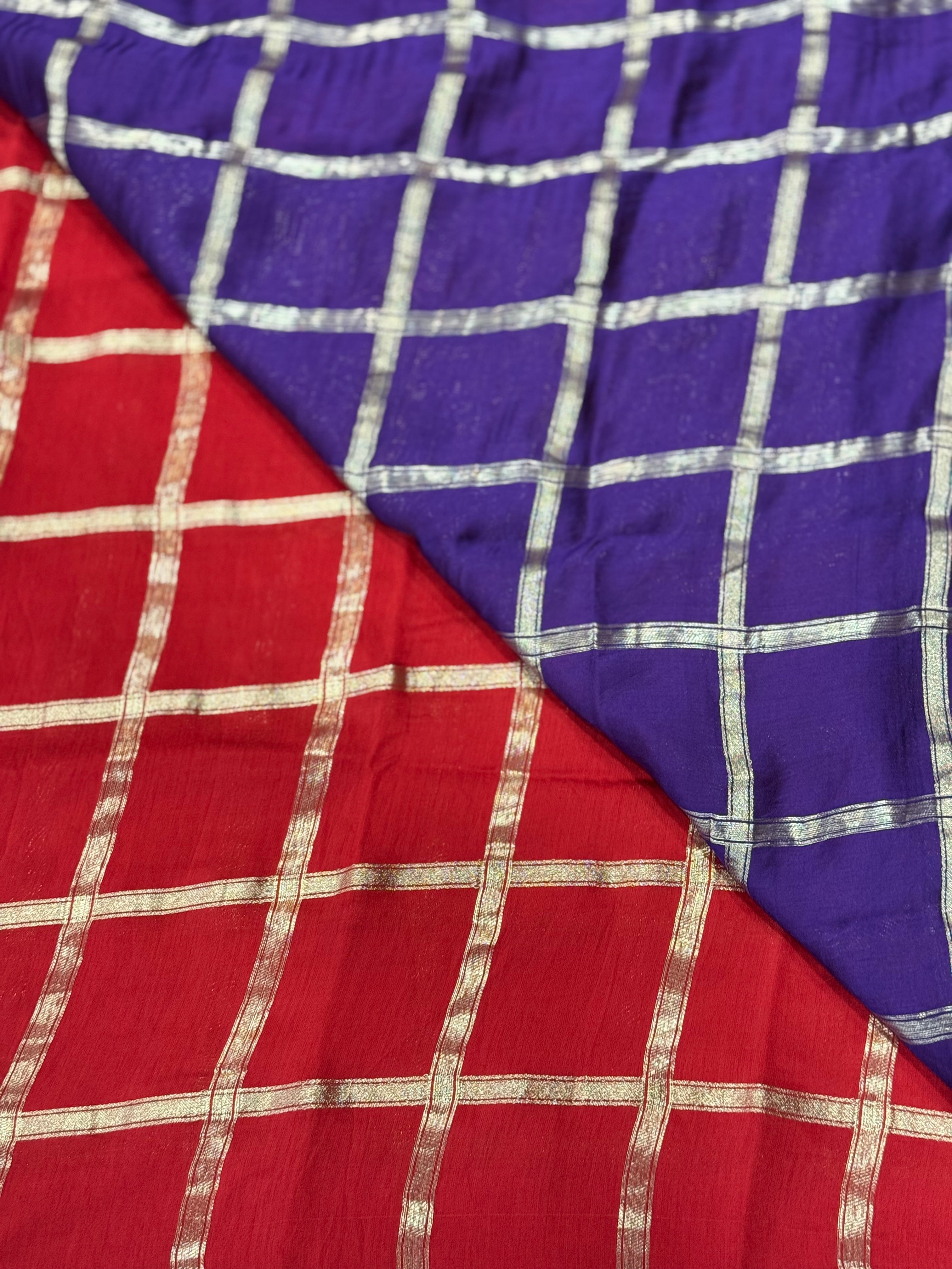 Red soft tussar crepe checks  saree