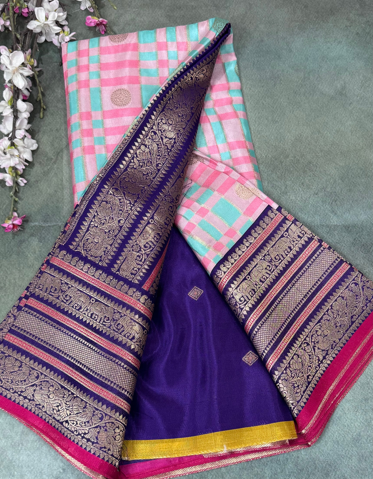 Pastel Pink Checks Semi Crepe Saree 110