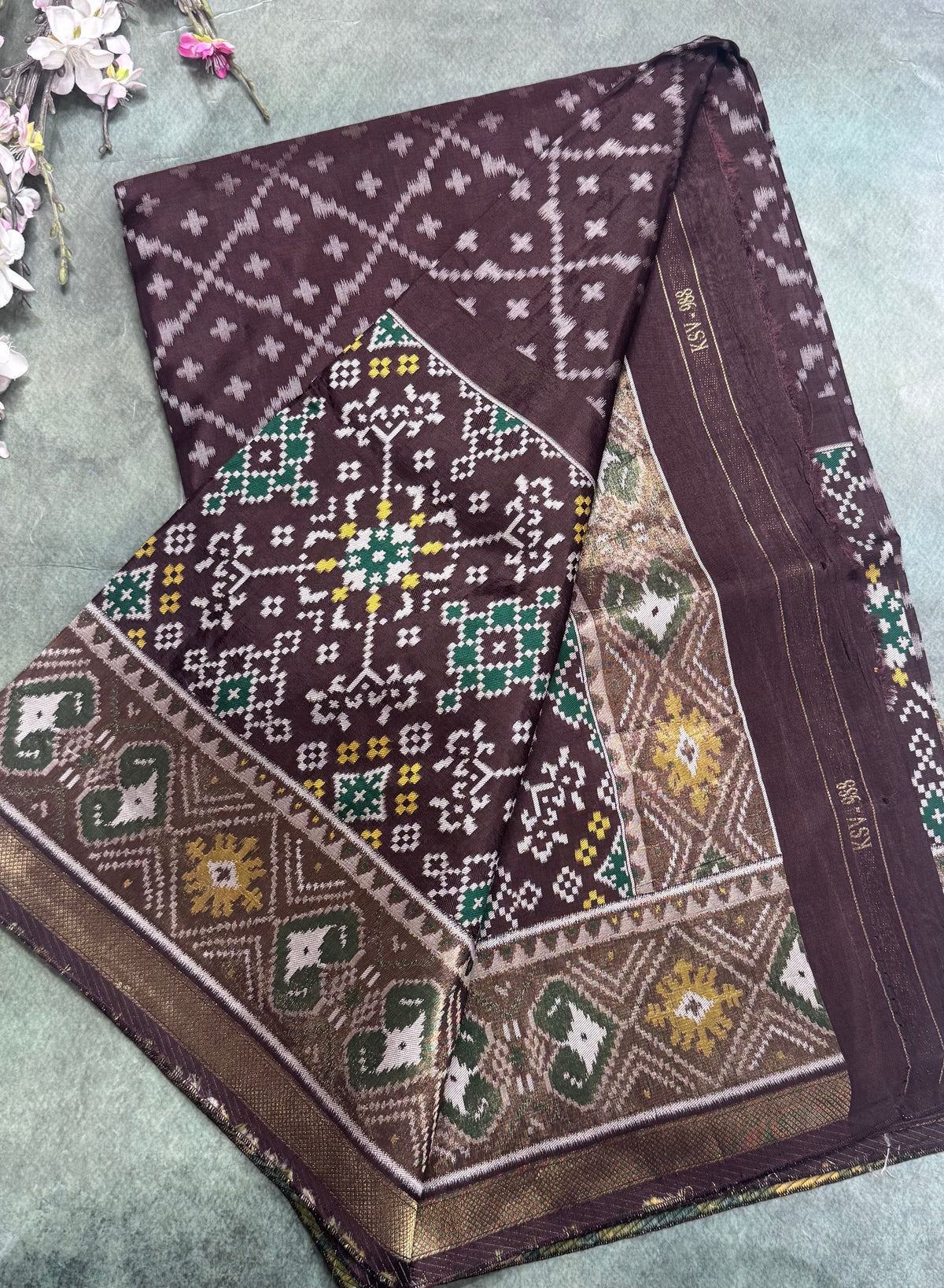 Dark brown small border semi patola saree 111