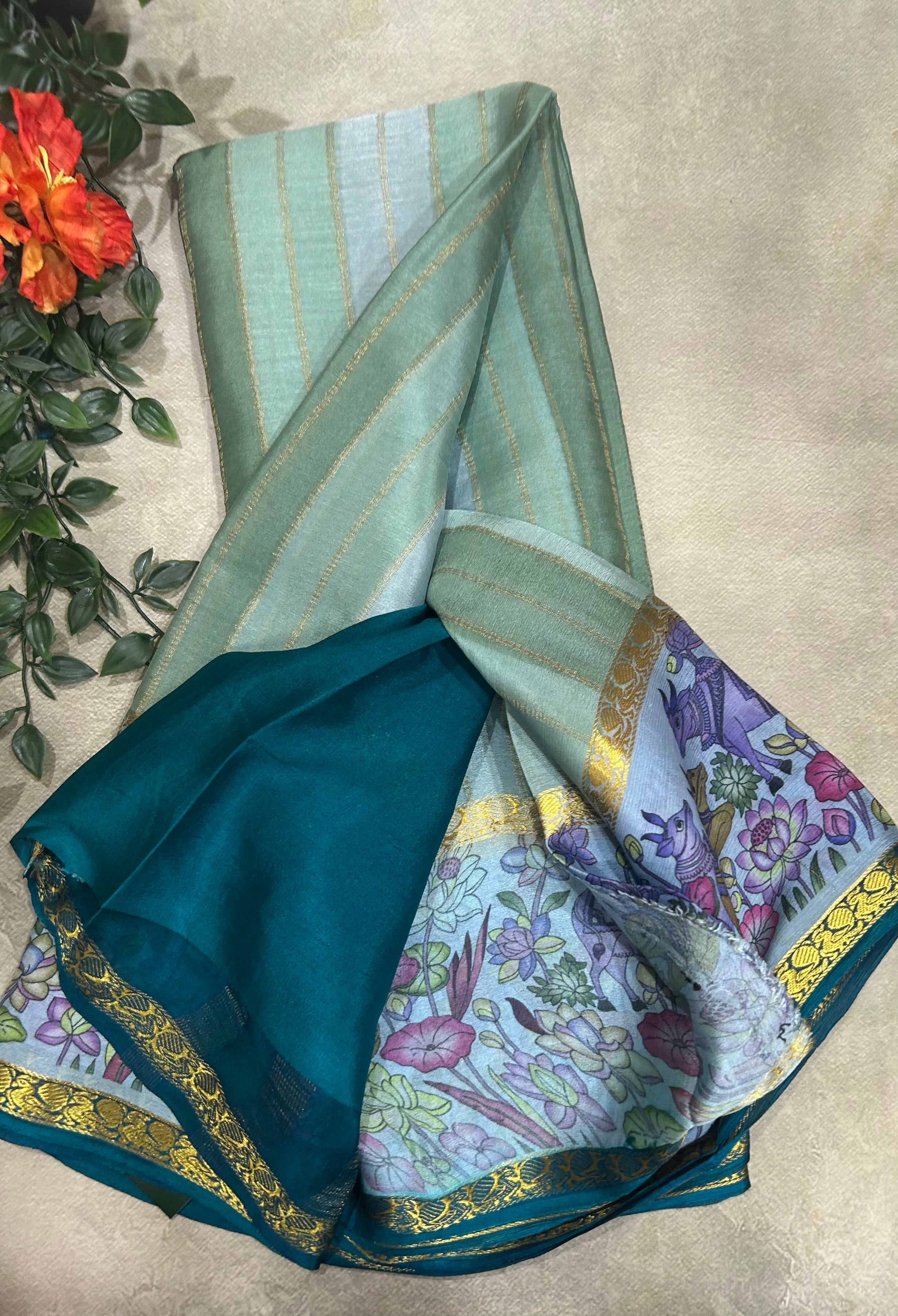 Rankart kalamkari border pure wrinkle 103 crepe silk saree