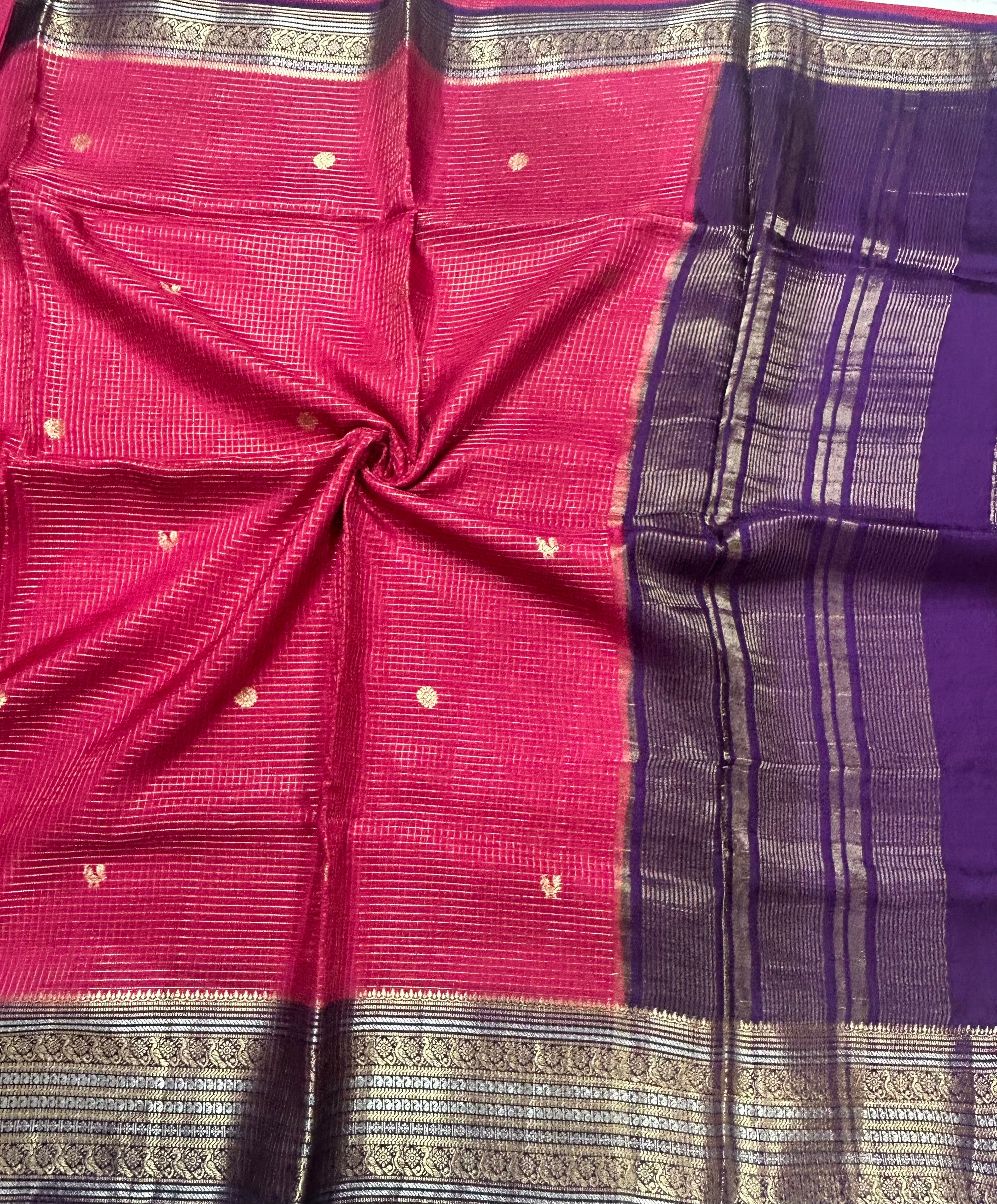 Rani pink small checks contrast semi Mysore crepe 105 saree
