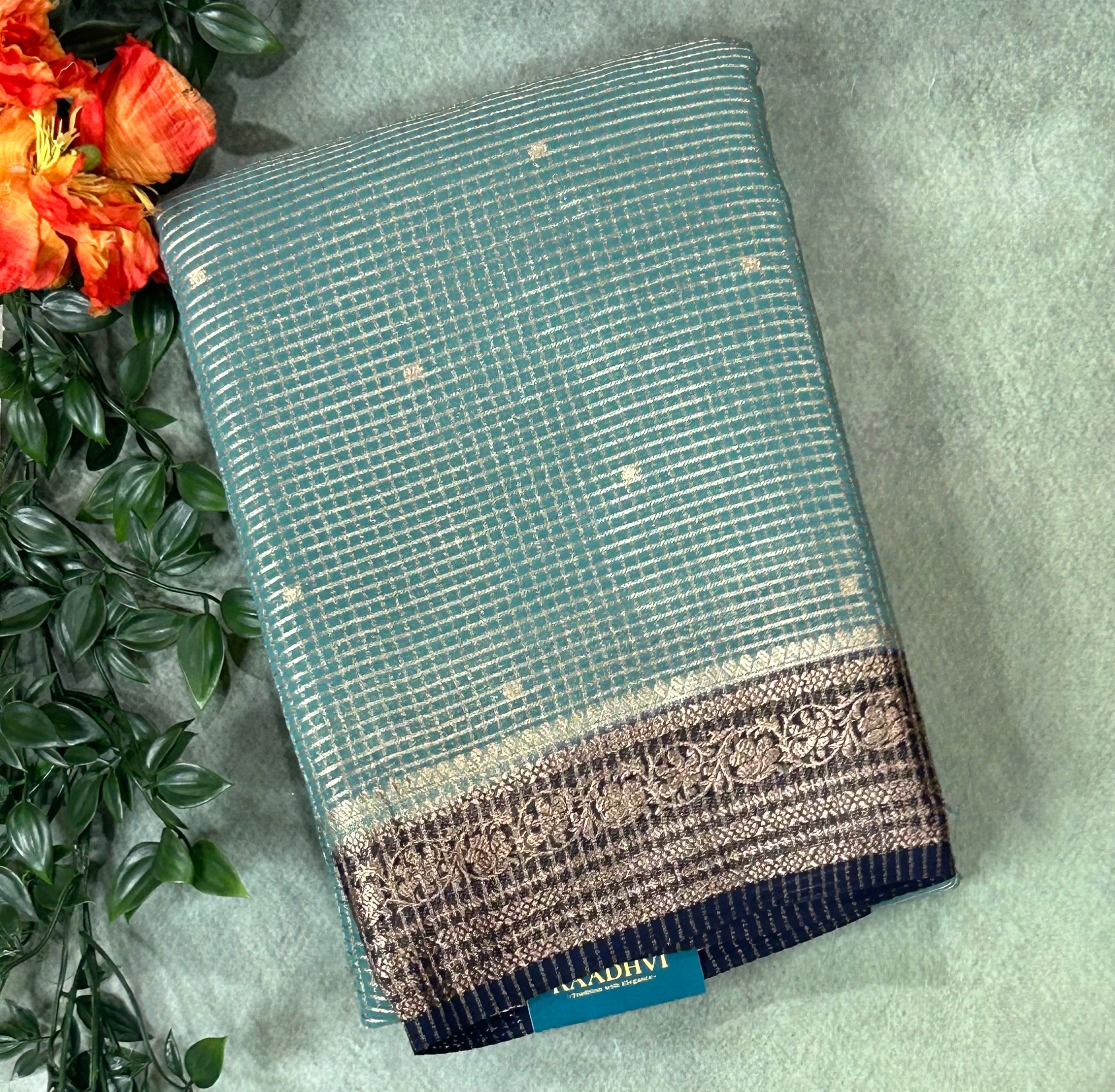 Sea green small checks semi mysore crepe-12 saree