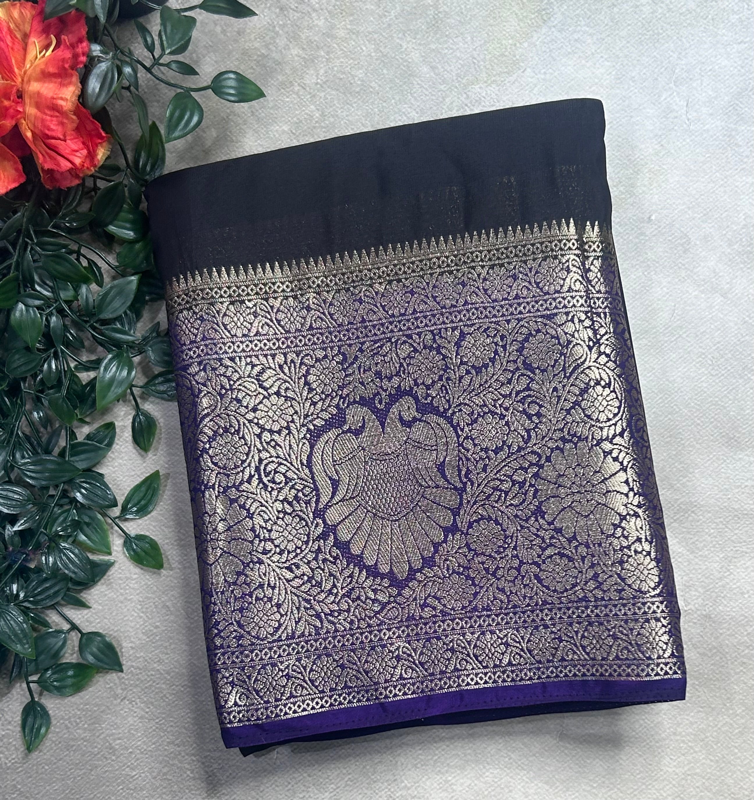 Black contrast long border soft semi Mysore crepe 106 saree