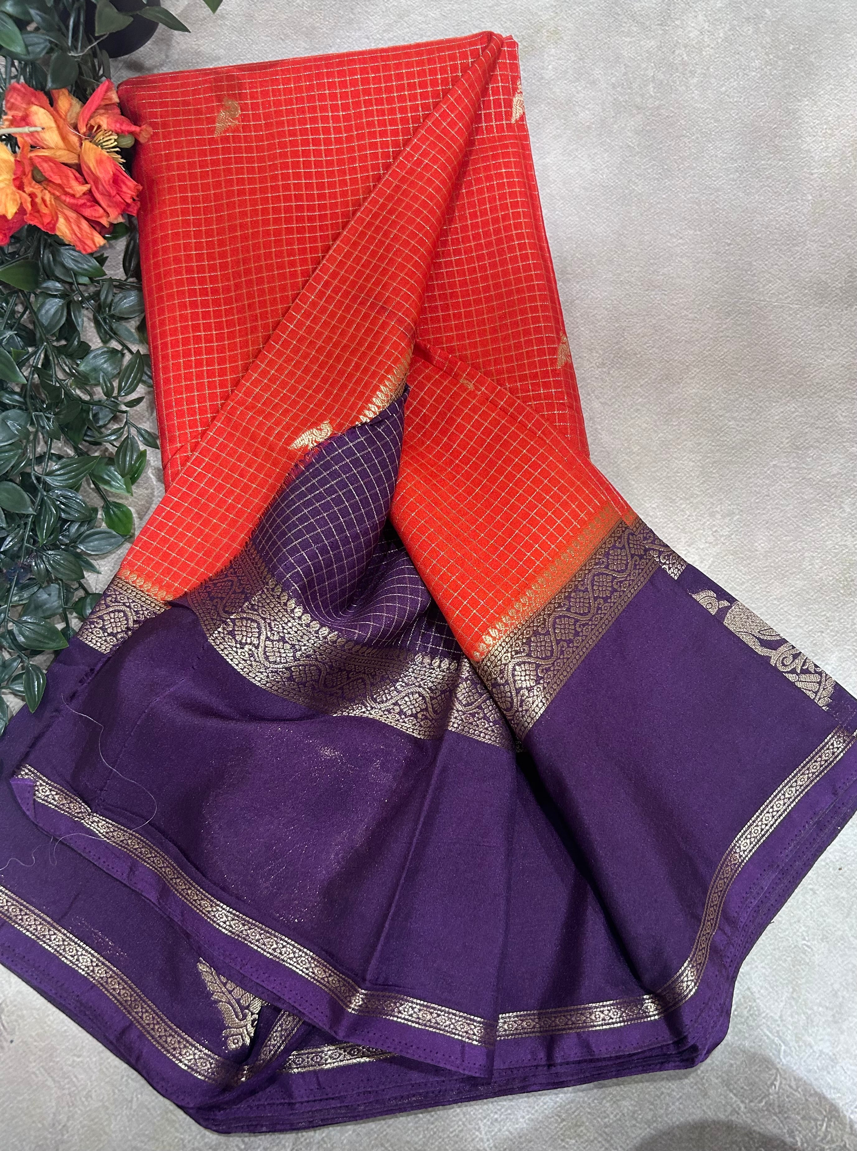 Orange gandaberunda border semi Mysore crepe 106 saree