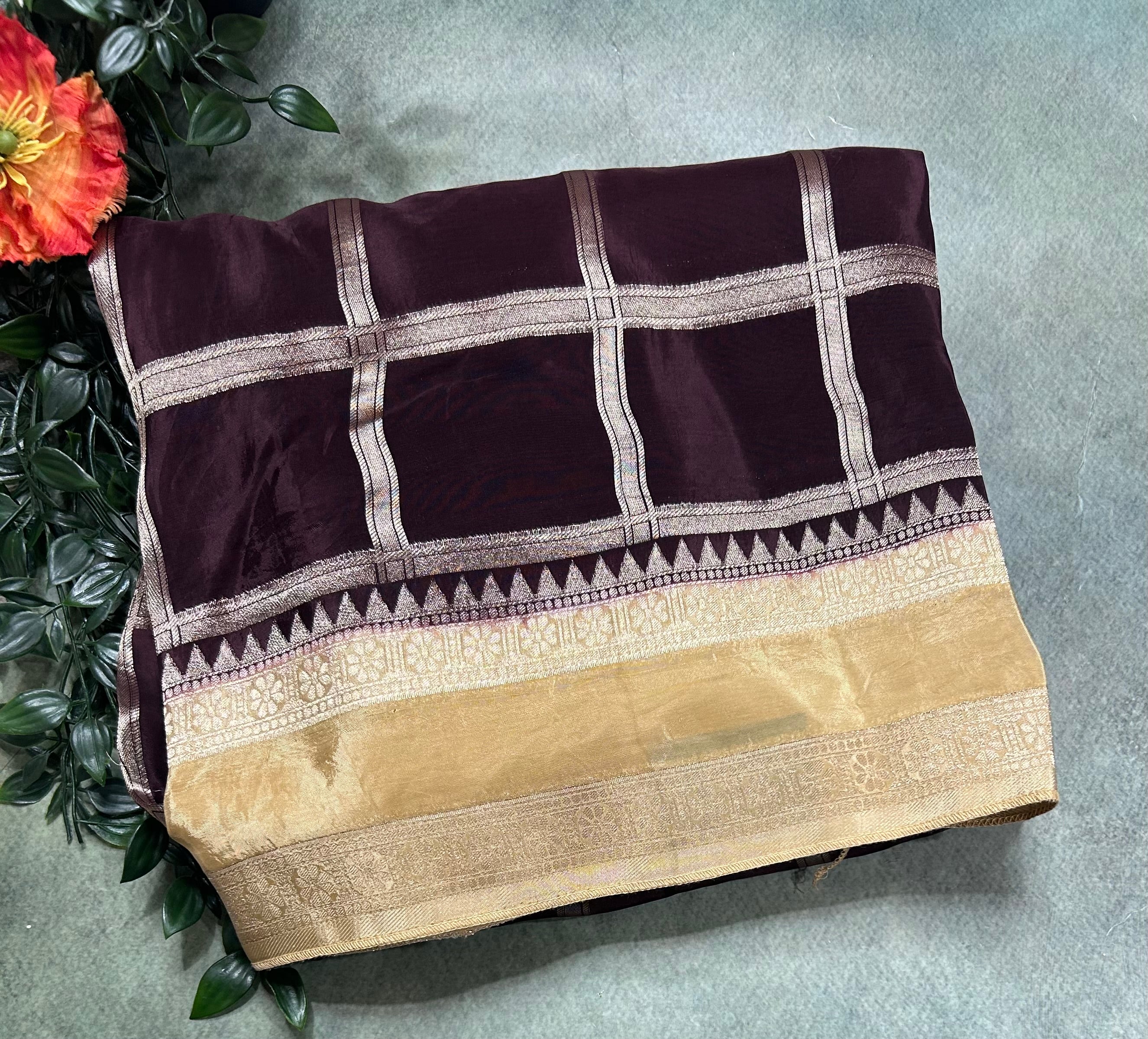 Brown checks n bentex border semi crepe 106 saree