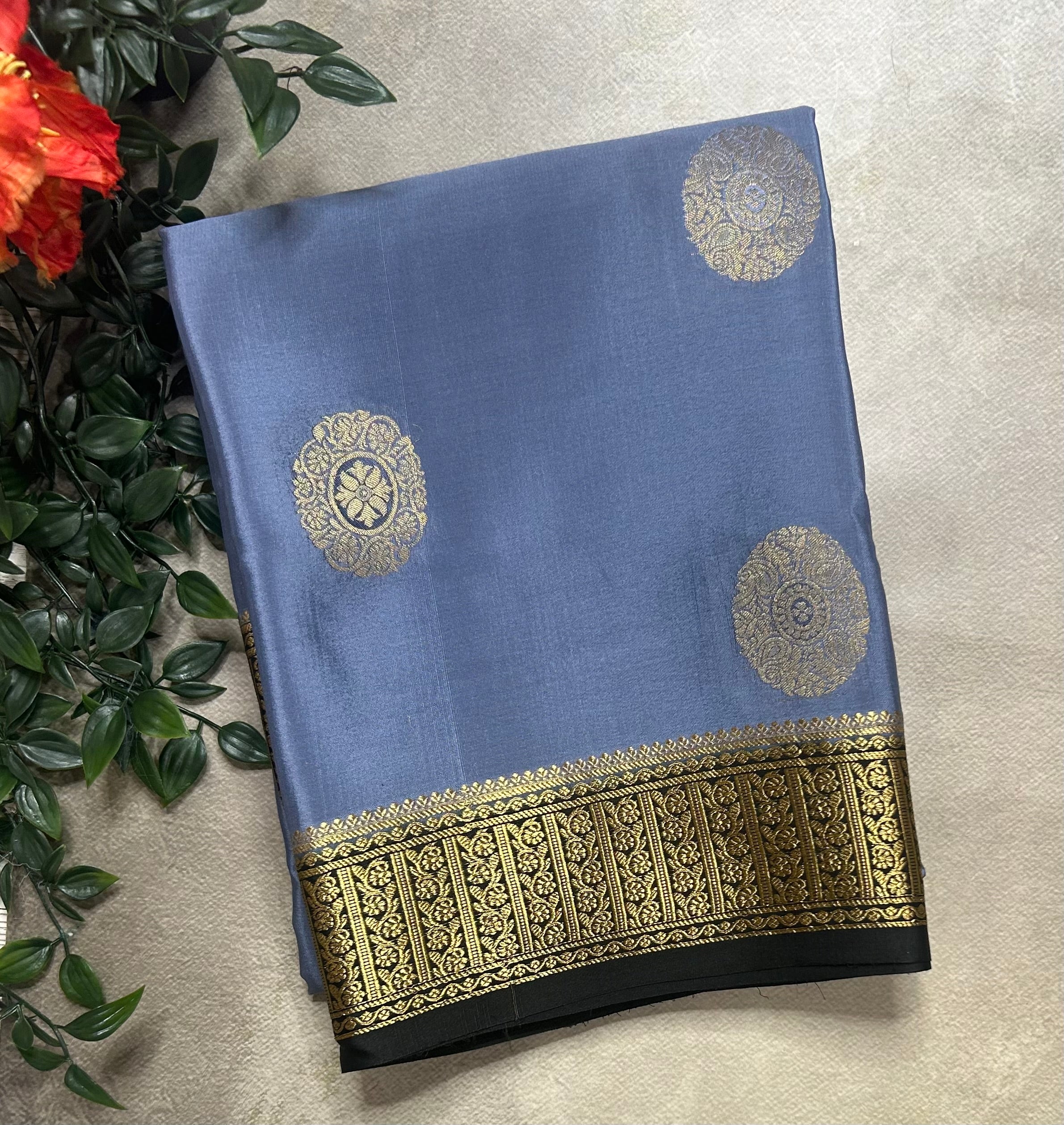 Grey n black big Butta pure Mysore silk-104 saree