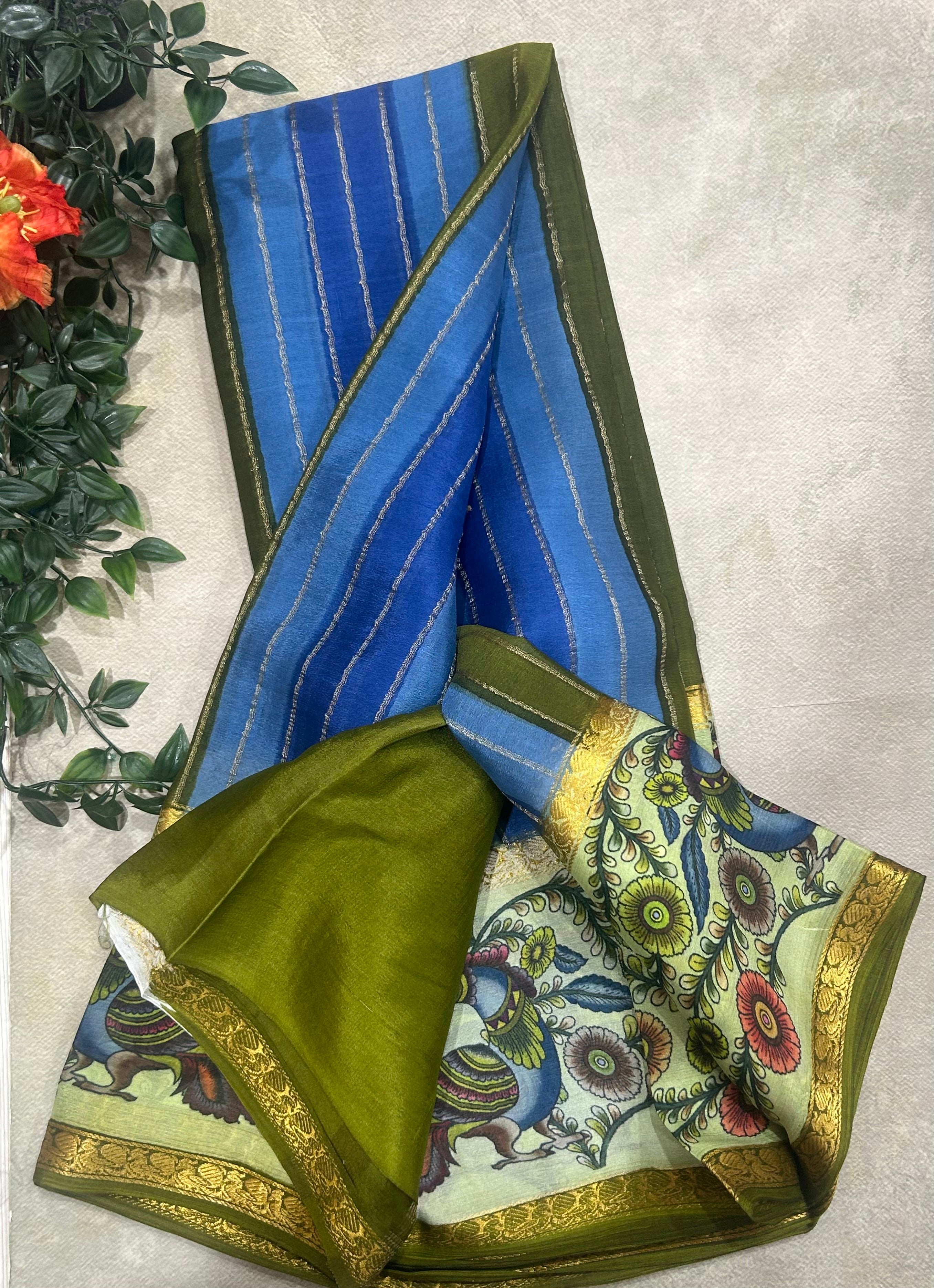 Rankart kalamkari border pure wrinkle 103 crepe silk saree