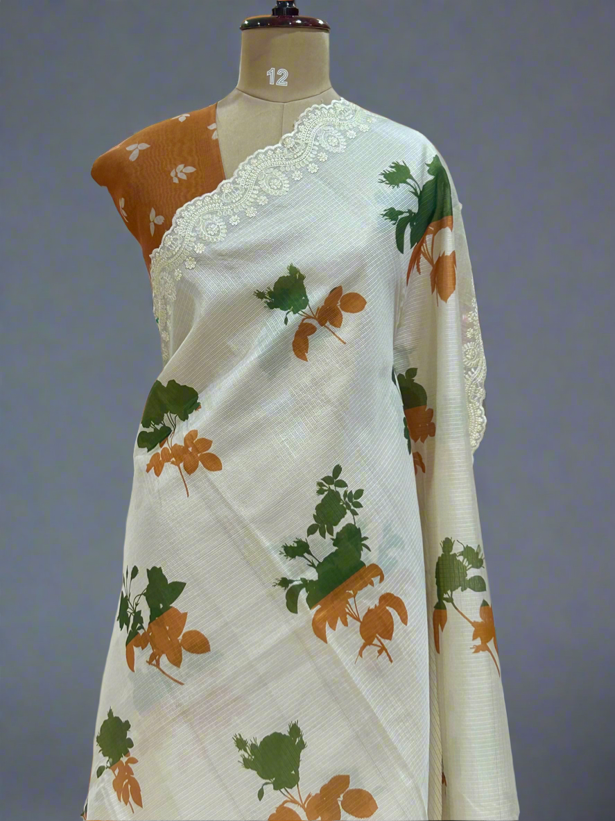 Cream floral digital print Kota checks 08 saree