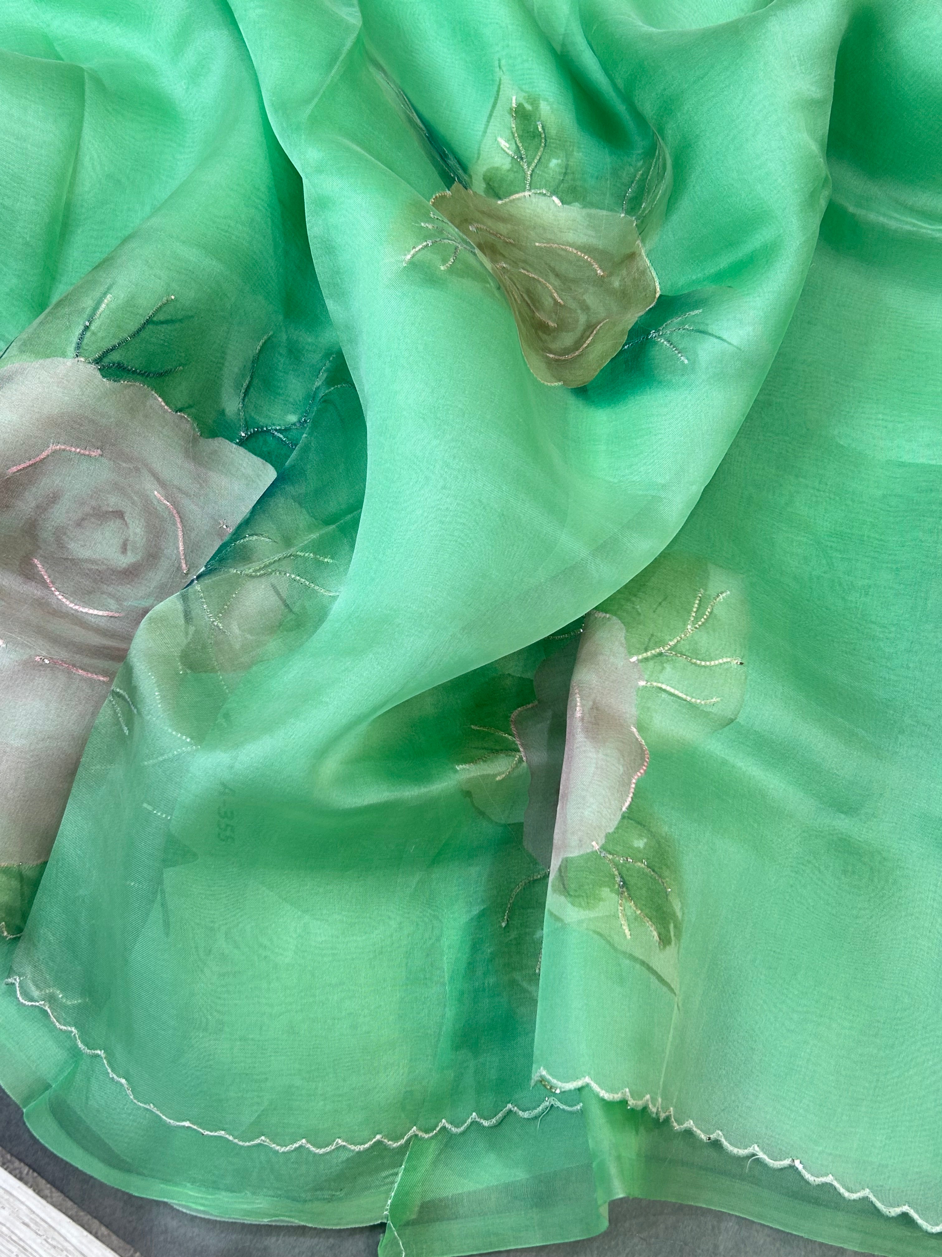 Aqua green pure 104 organza silk saree
