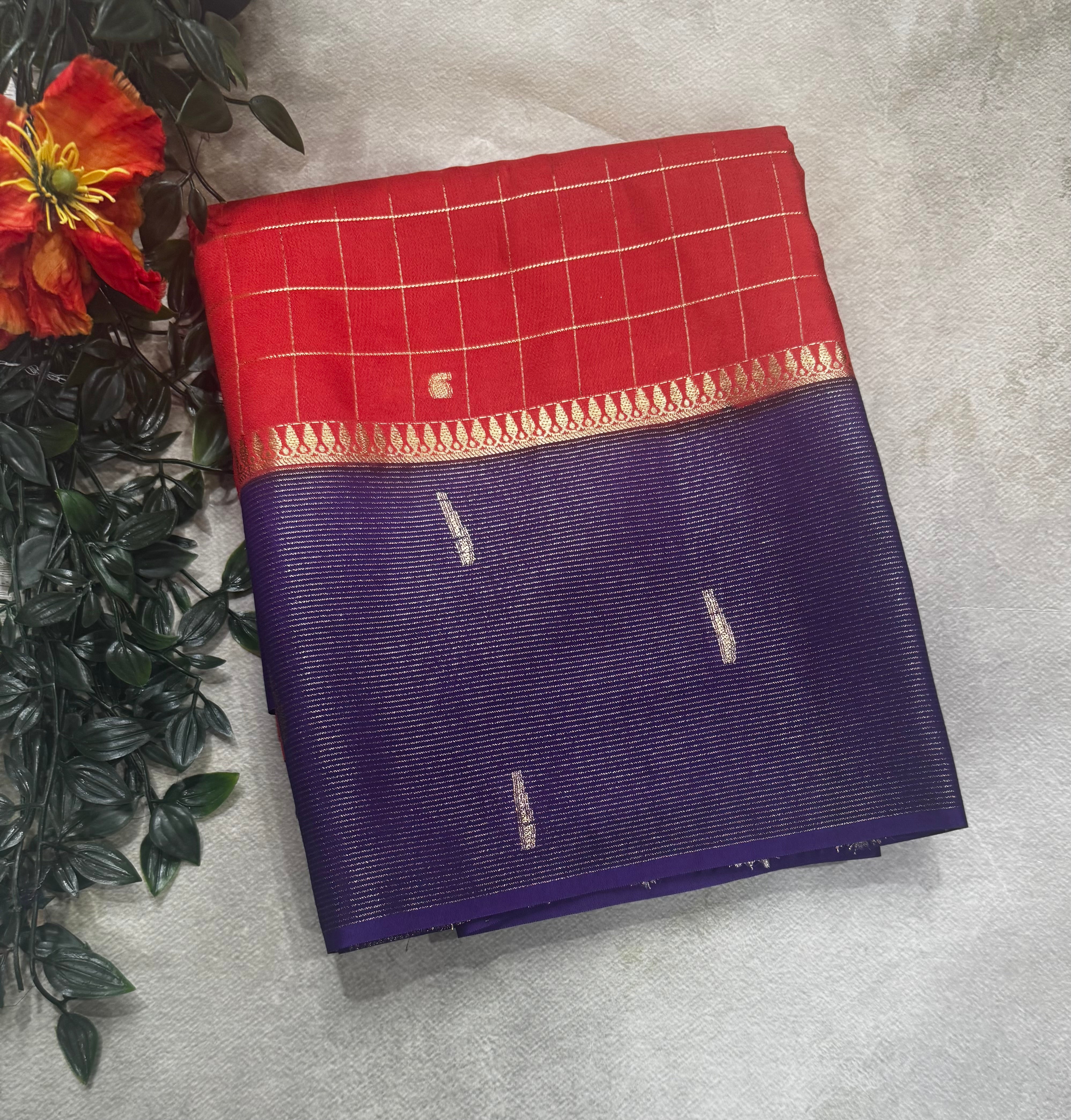Orange checks semi Mysore crepe 106 saree