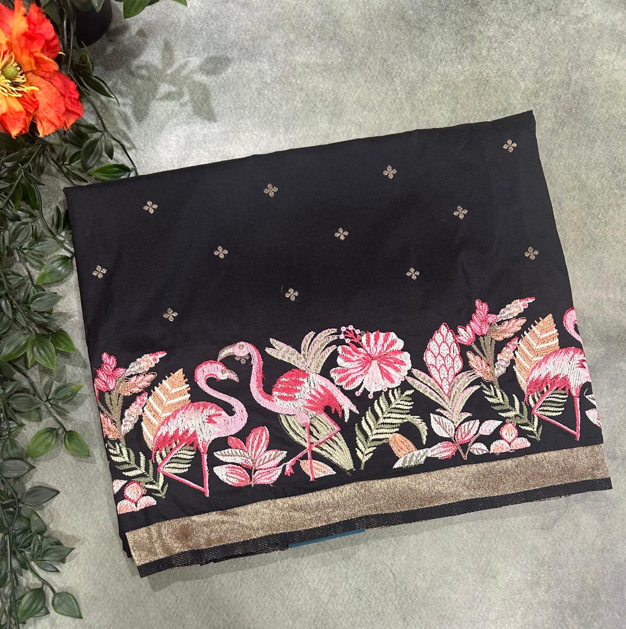 Black soft Tussar 03 embroidery saree