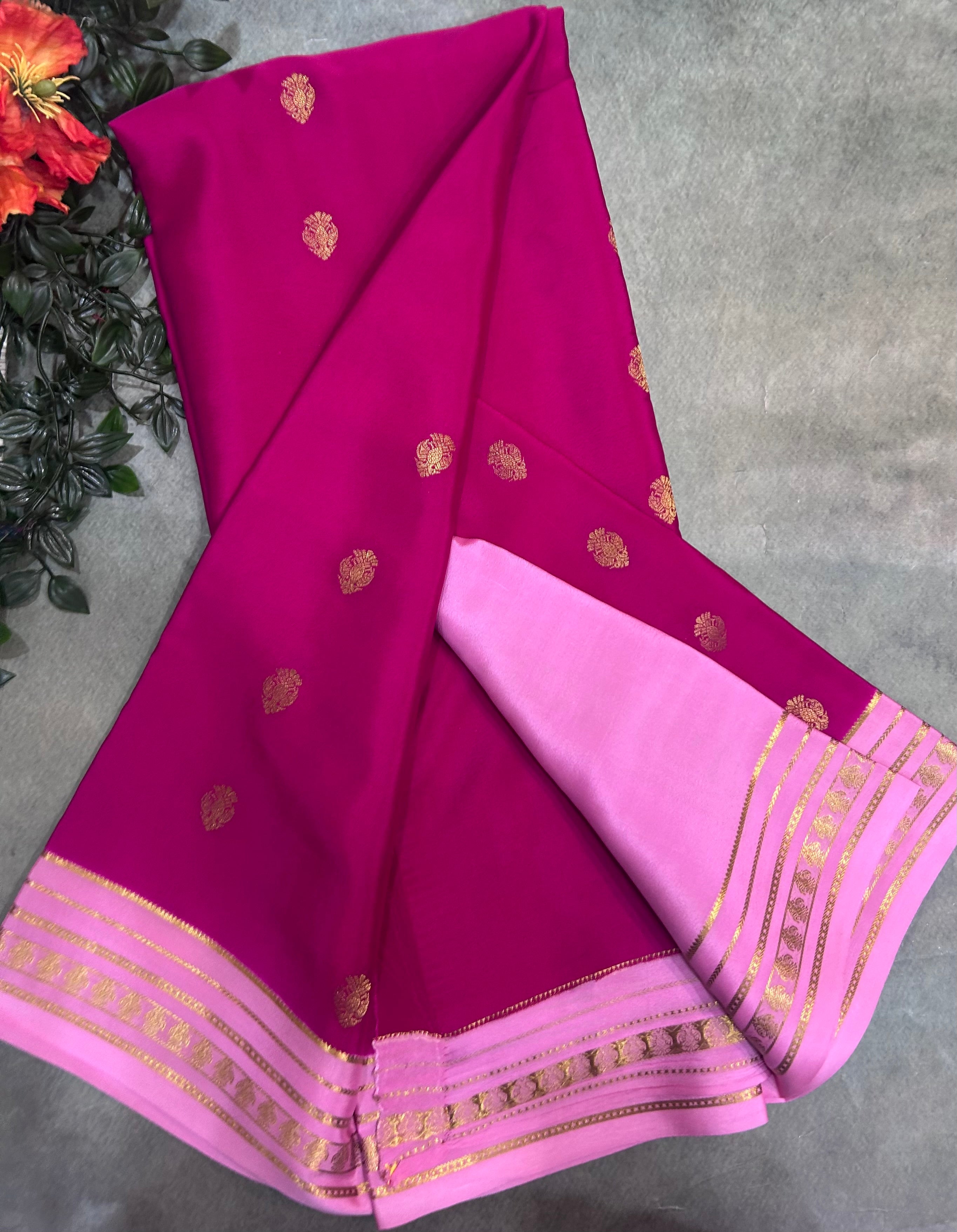 Rani pink stripes border pure Mysore silk 106 saree