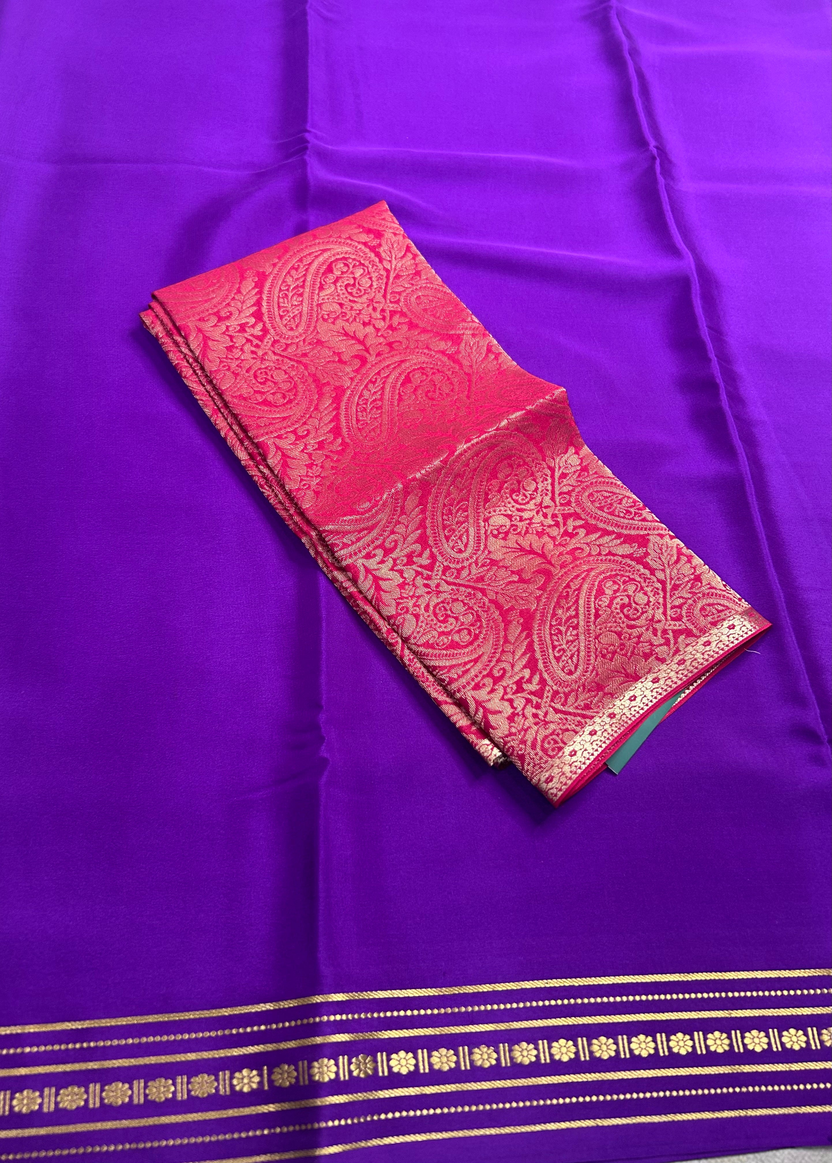 Purple plain pure mysore crepe silk saree with Mysore brocade blouse piece(MSM106)