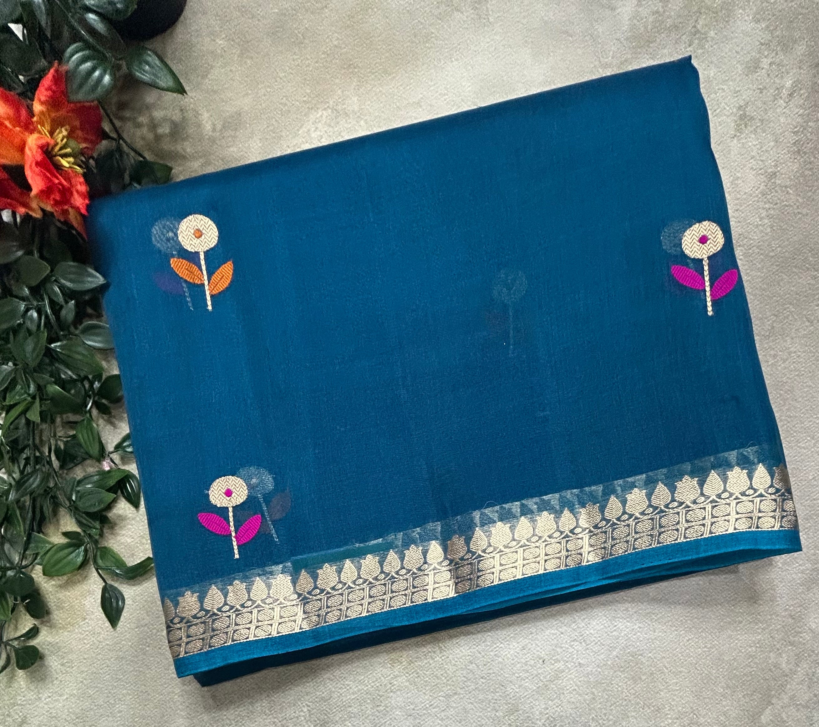 Peacock blue pure kora 105 organza silk saree