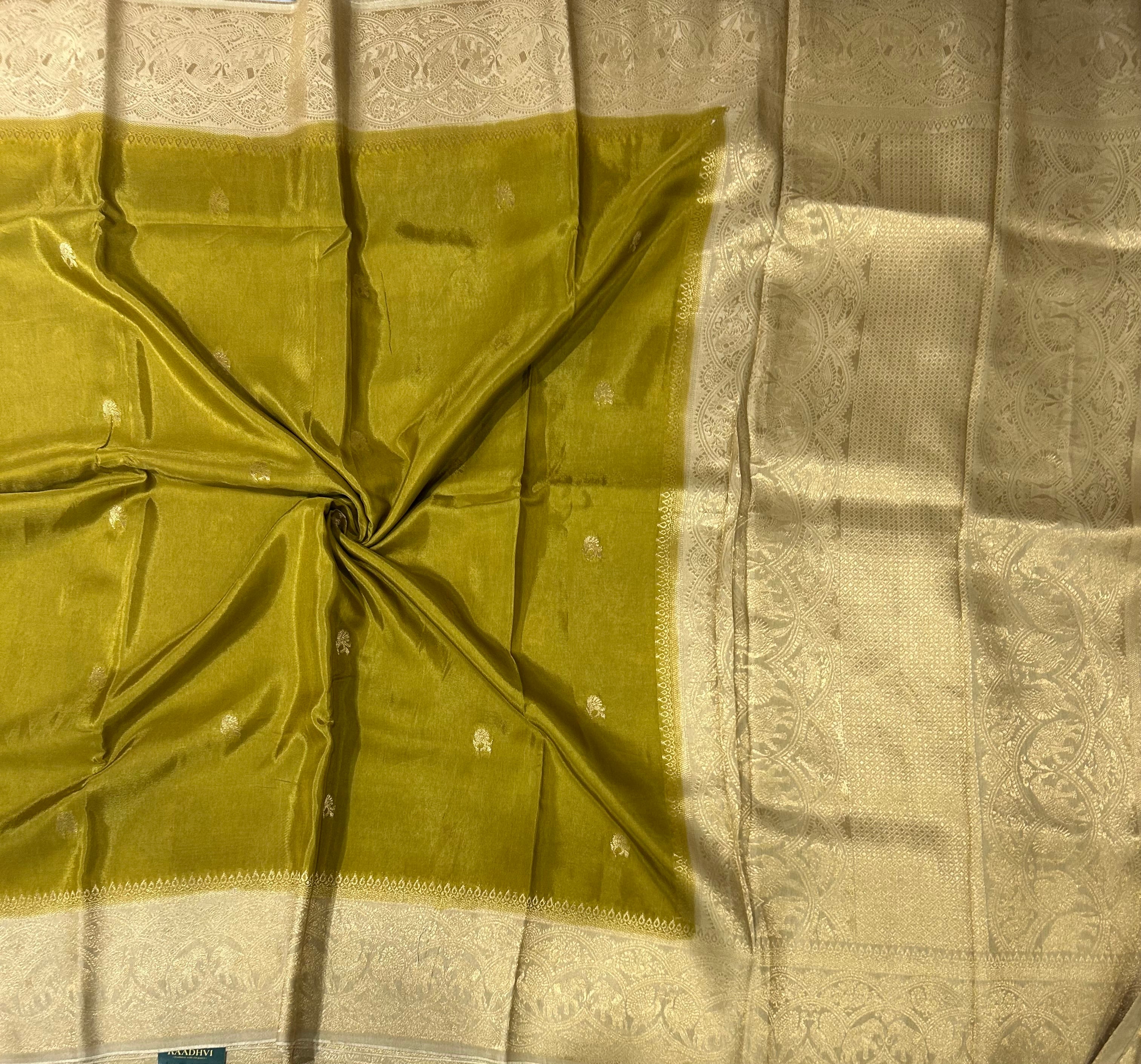 Olive green  contrast border semi Mysore 105 saree
