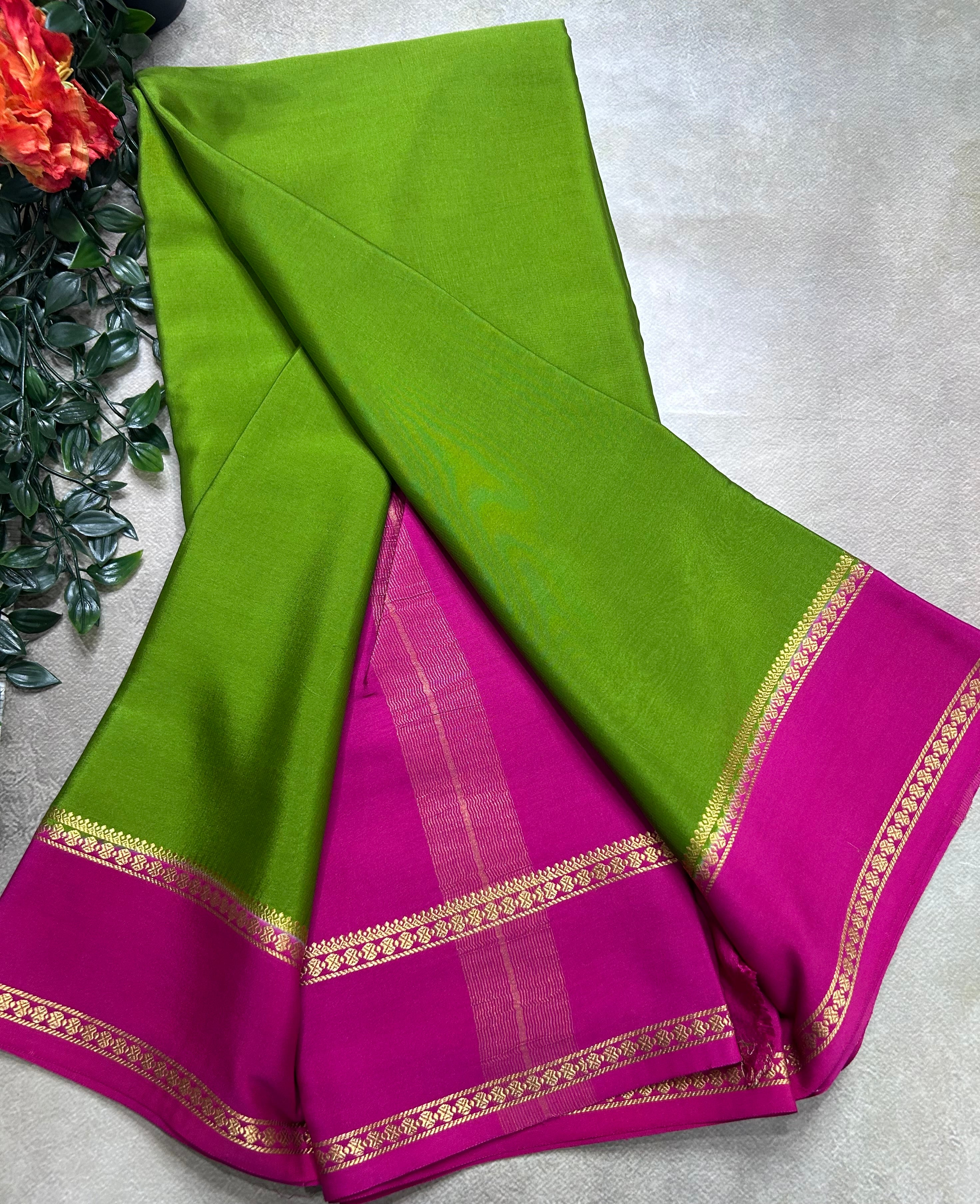 Light green n pink plain bentex border pure mysore silk saree(BMS105)