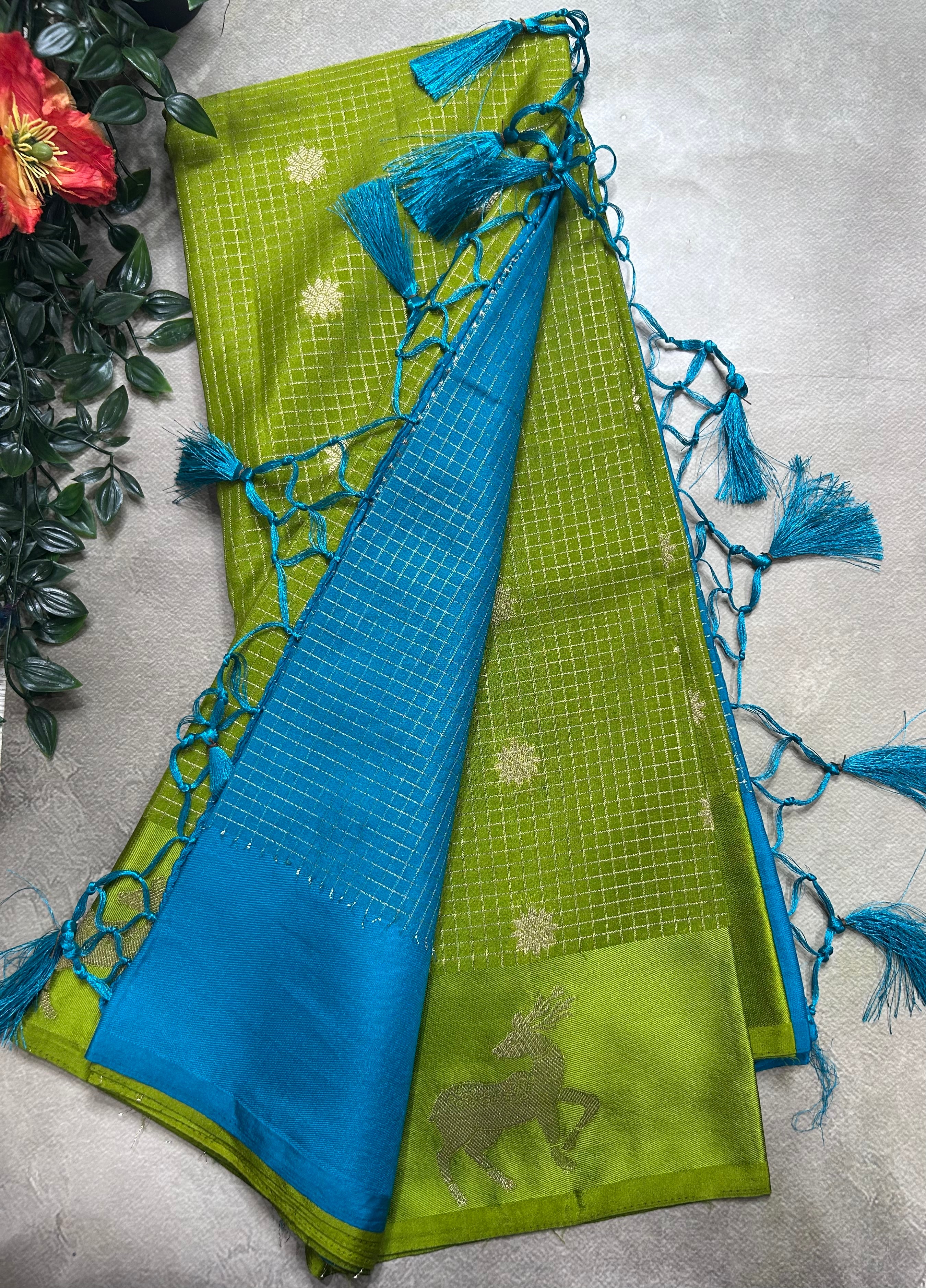 Green small checks semi Mysore crepe 106 saree