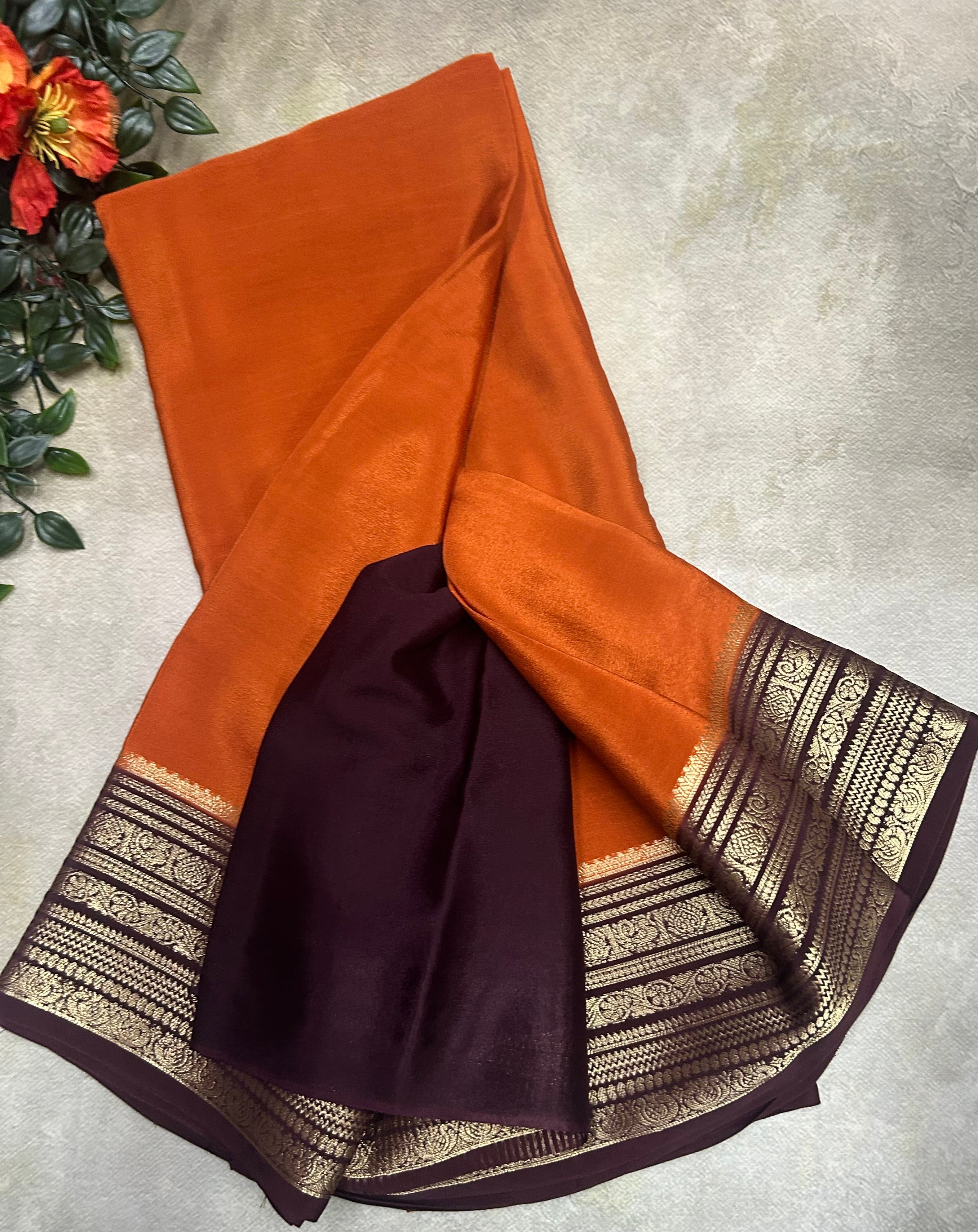 Rust orange n brown plain semi Mysore crepe silk 105 saree