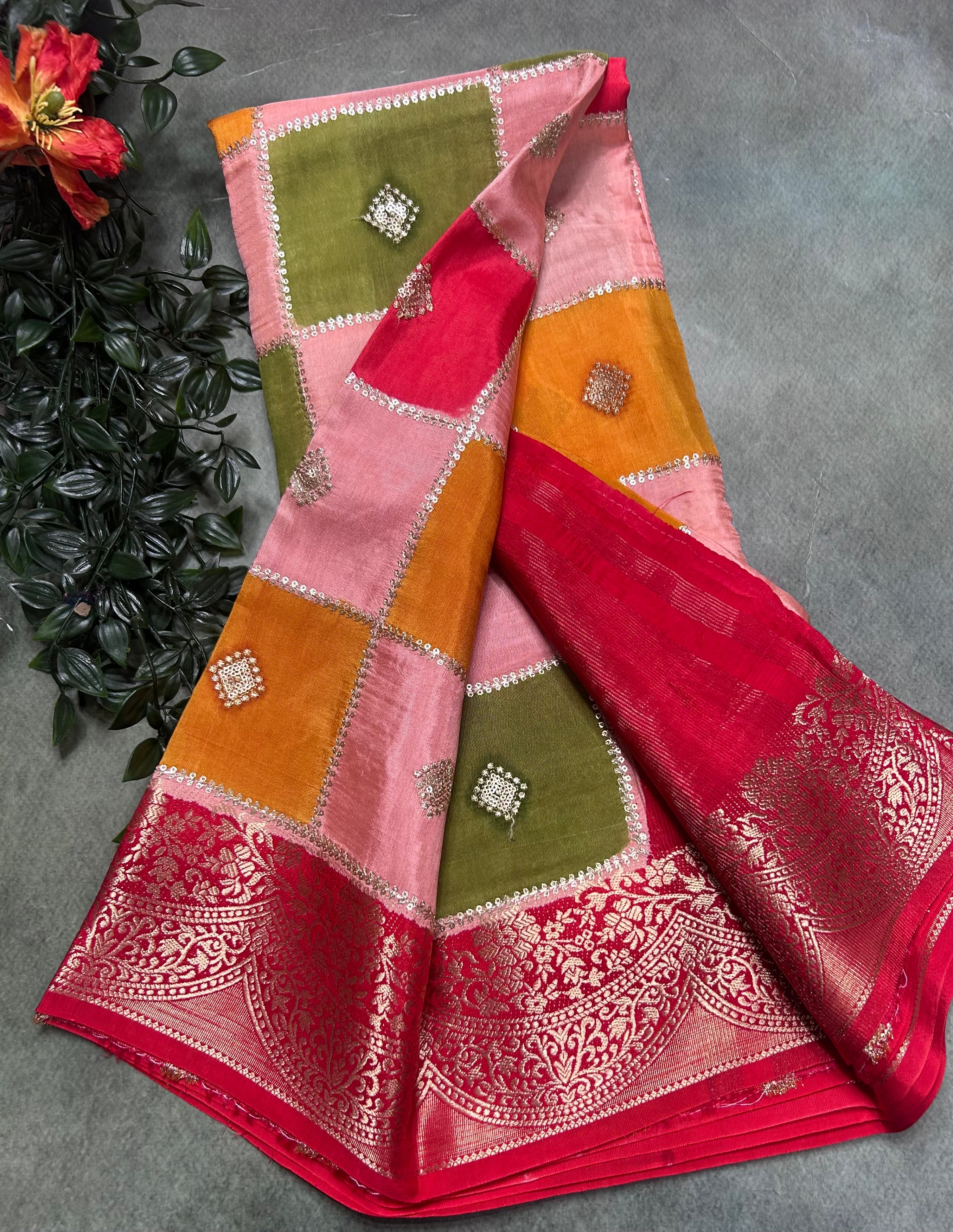 Multicolour checks n small border dola crepe 106 saree