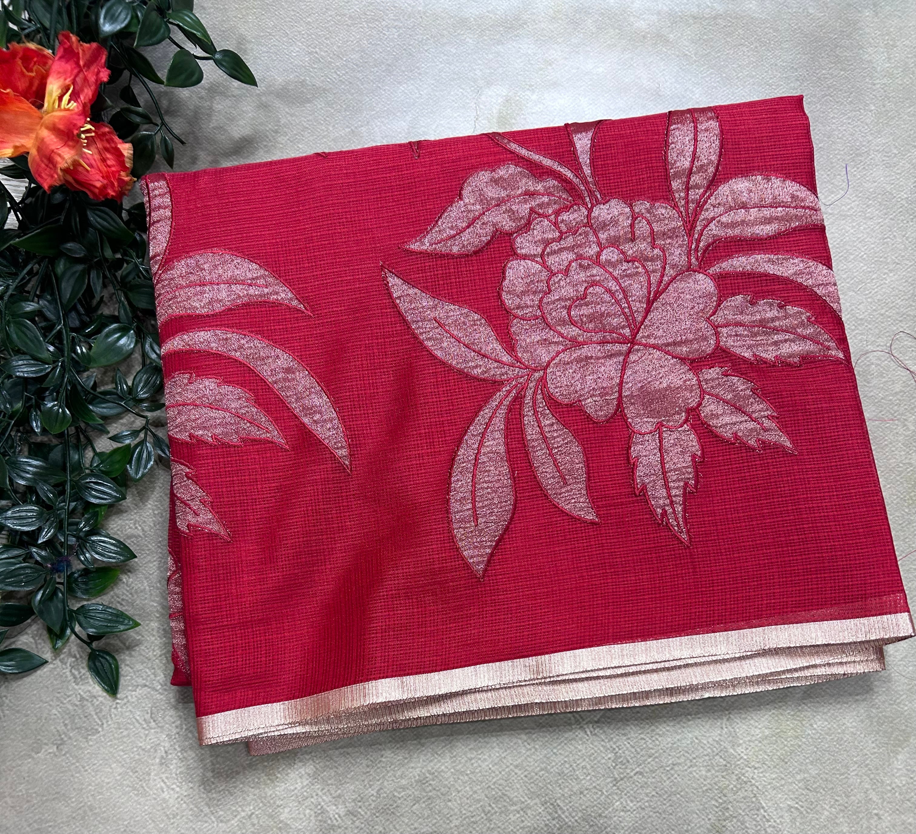 Red kota checks appliqué work 106 saree
