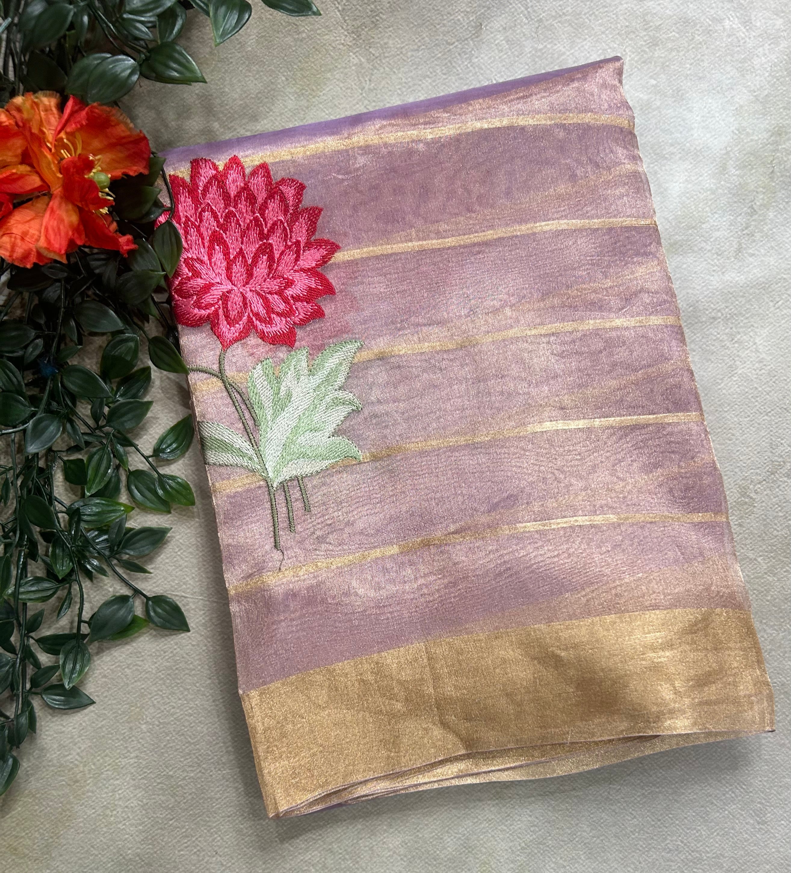 Lilac floral embroidery work pure tissue organza 105 saree
