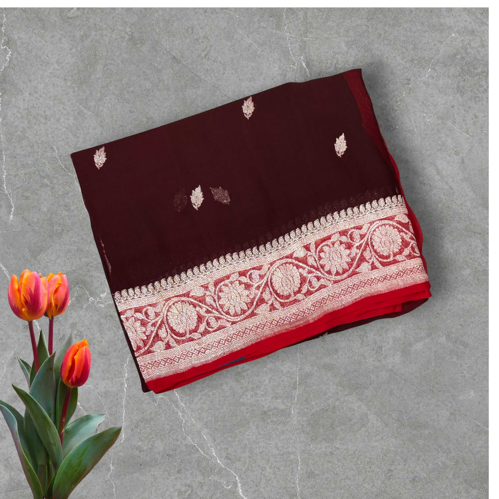 Brown n red benaras pure khadi chiffon