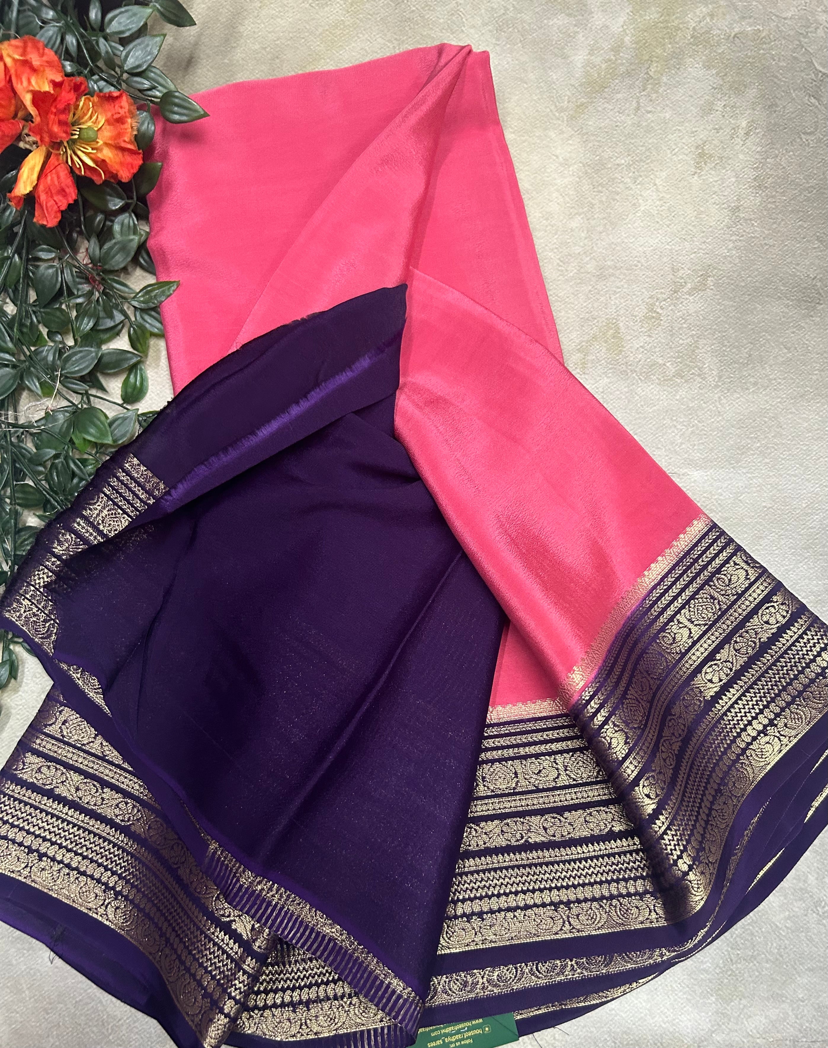 Pastel pink n purple plain semi Mysore crepe silk 105 saree