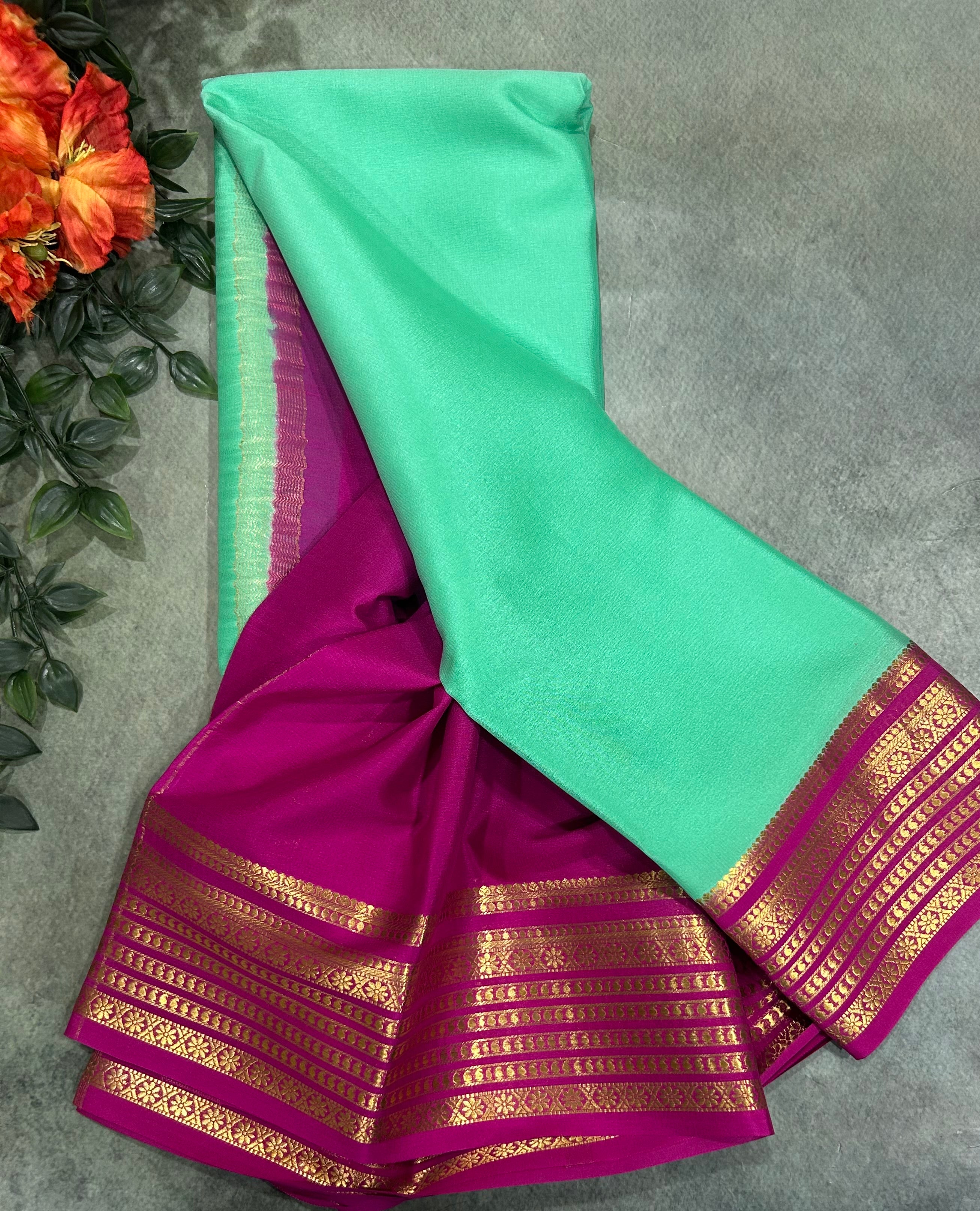 Pastel green n pink pure Mysore crepe silk saree