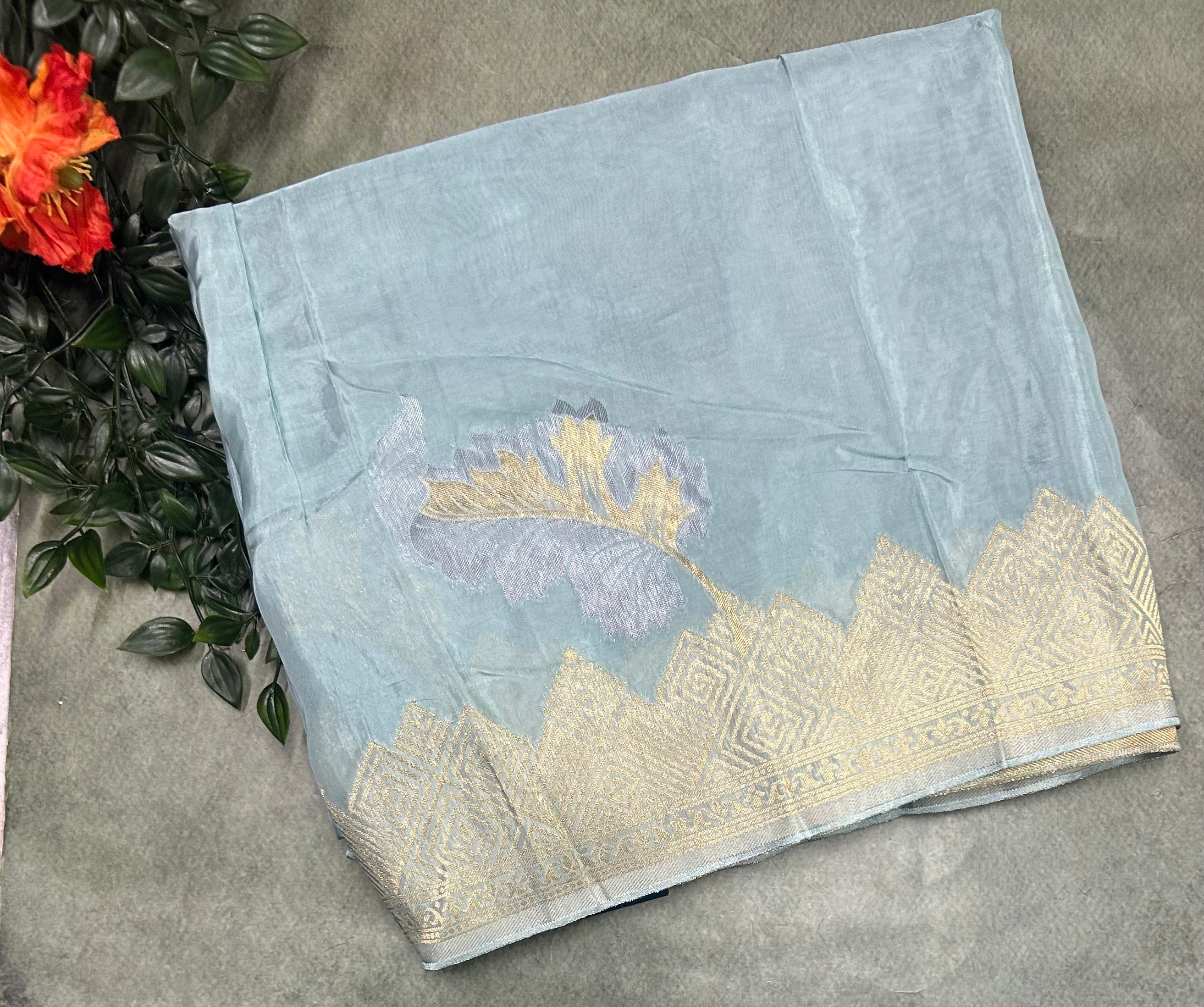 Pastel blue floral Butta semi Mysore crepe saree