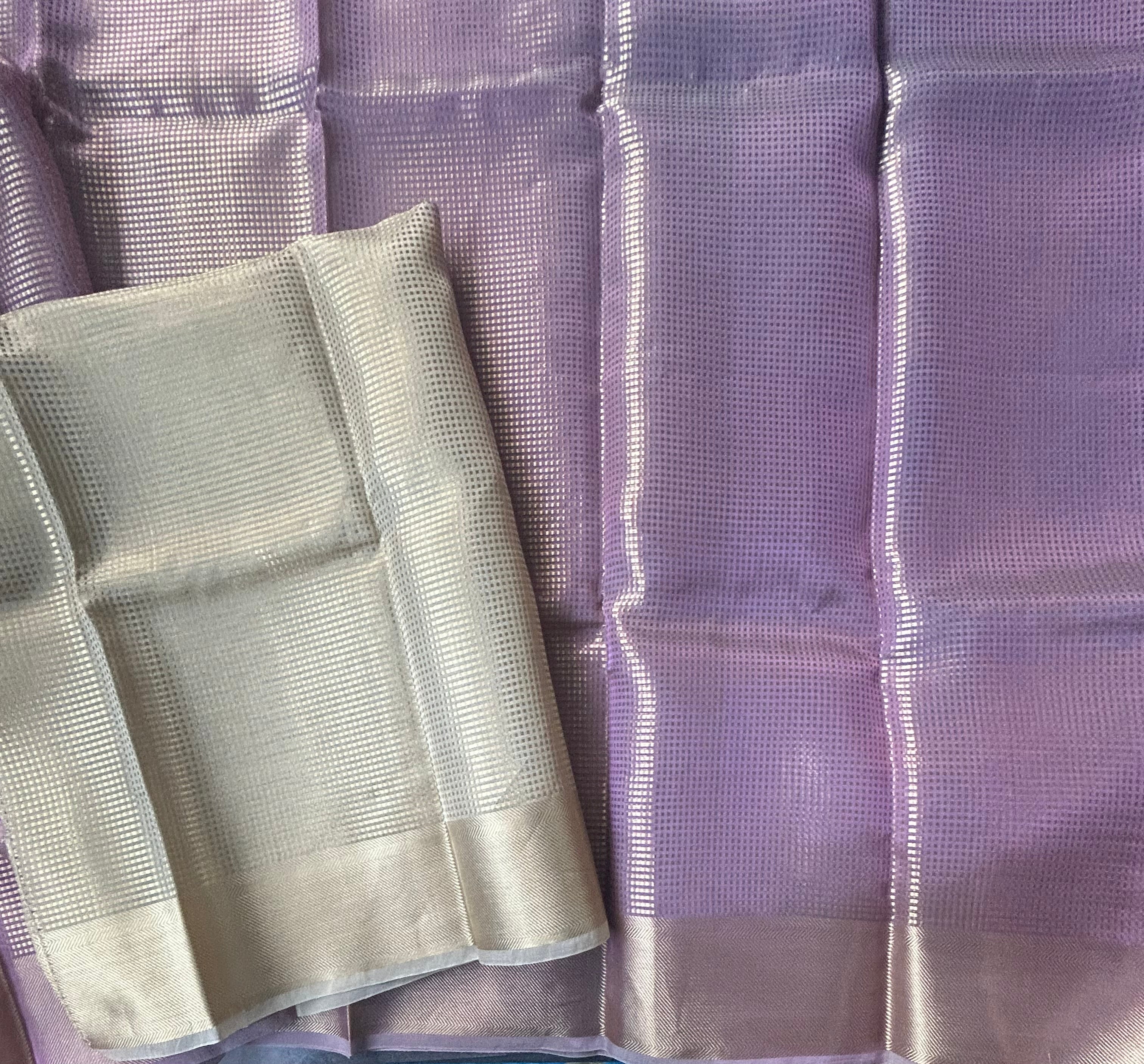 Pastel pink checks brocade semi tissue saree