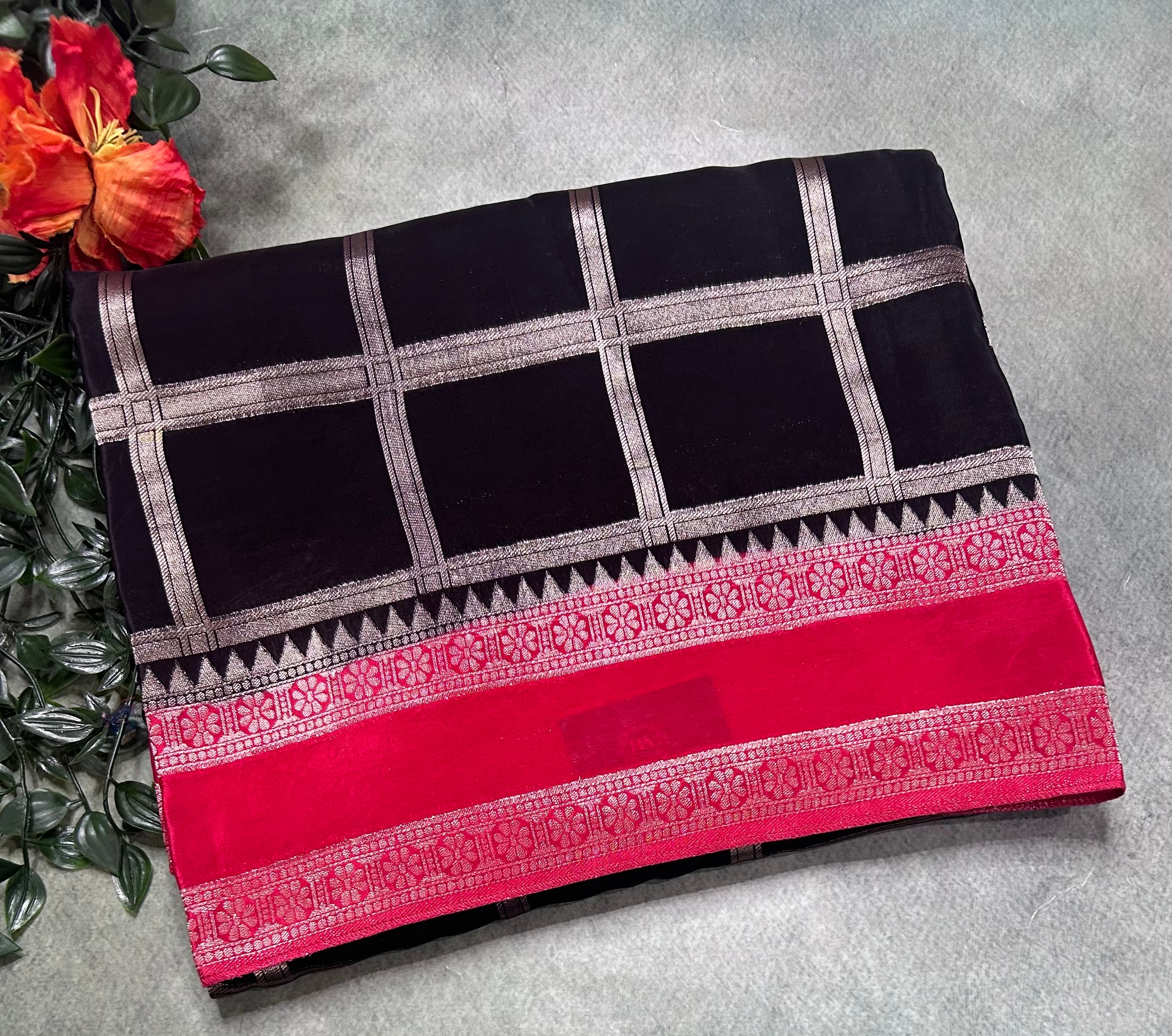 Black checks n bentex border semi crepe 106 saree