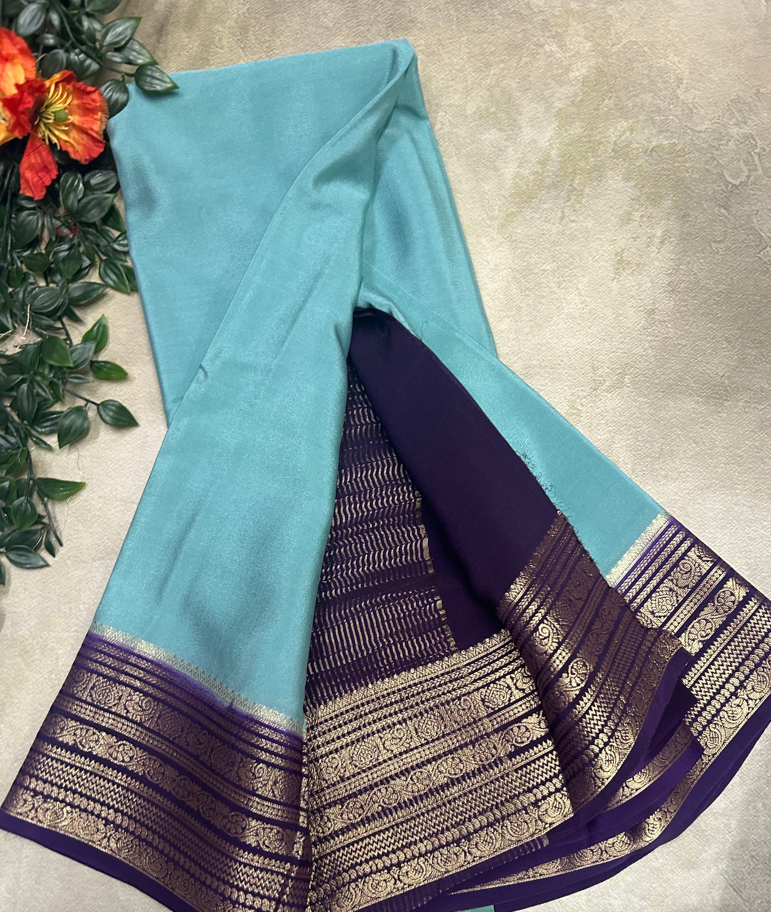Sea blue n purple plain semi Mysore crepe silk 105 saree
