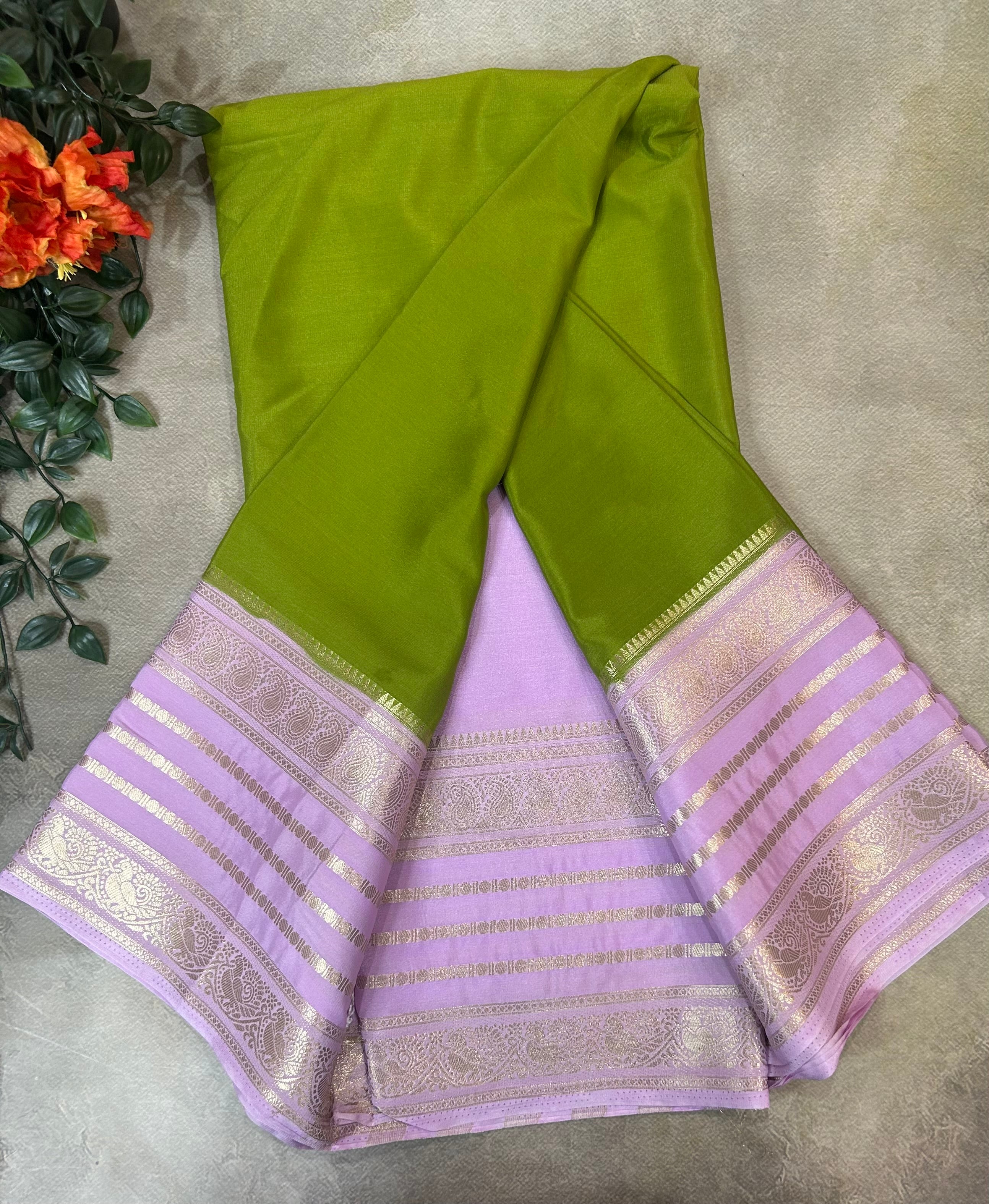 Green  stripes border semi Mysore 104 saree