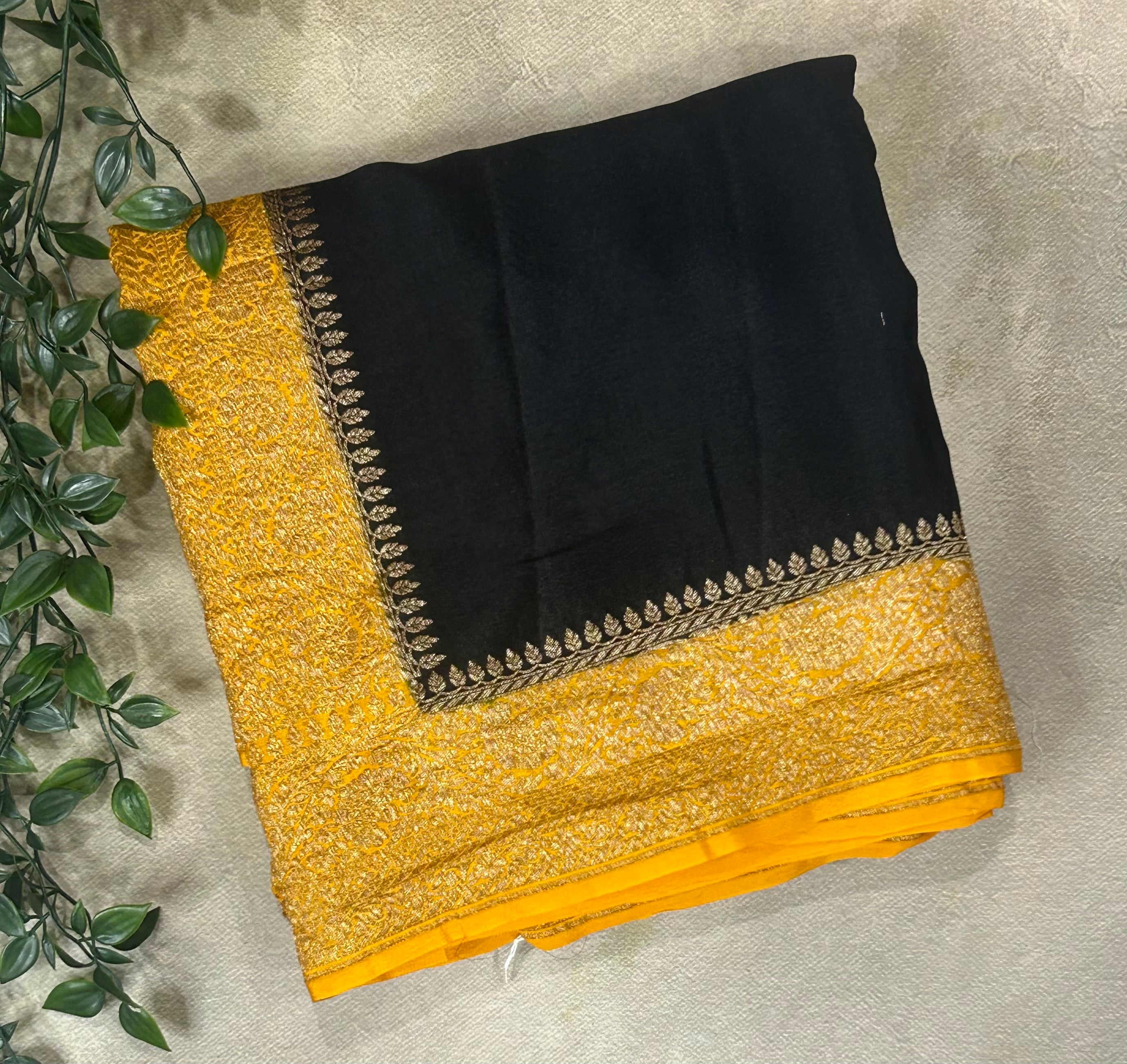 Black n yellow pure banarasi crepe 102 silk saree