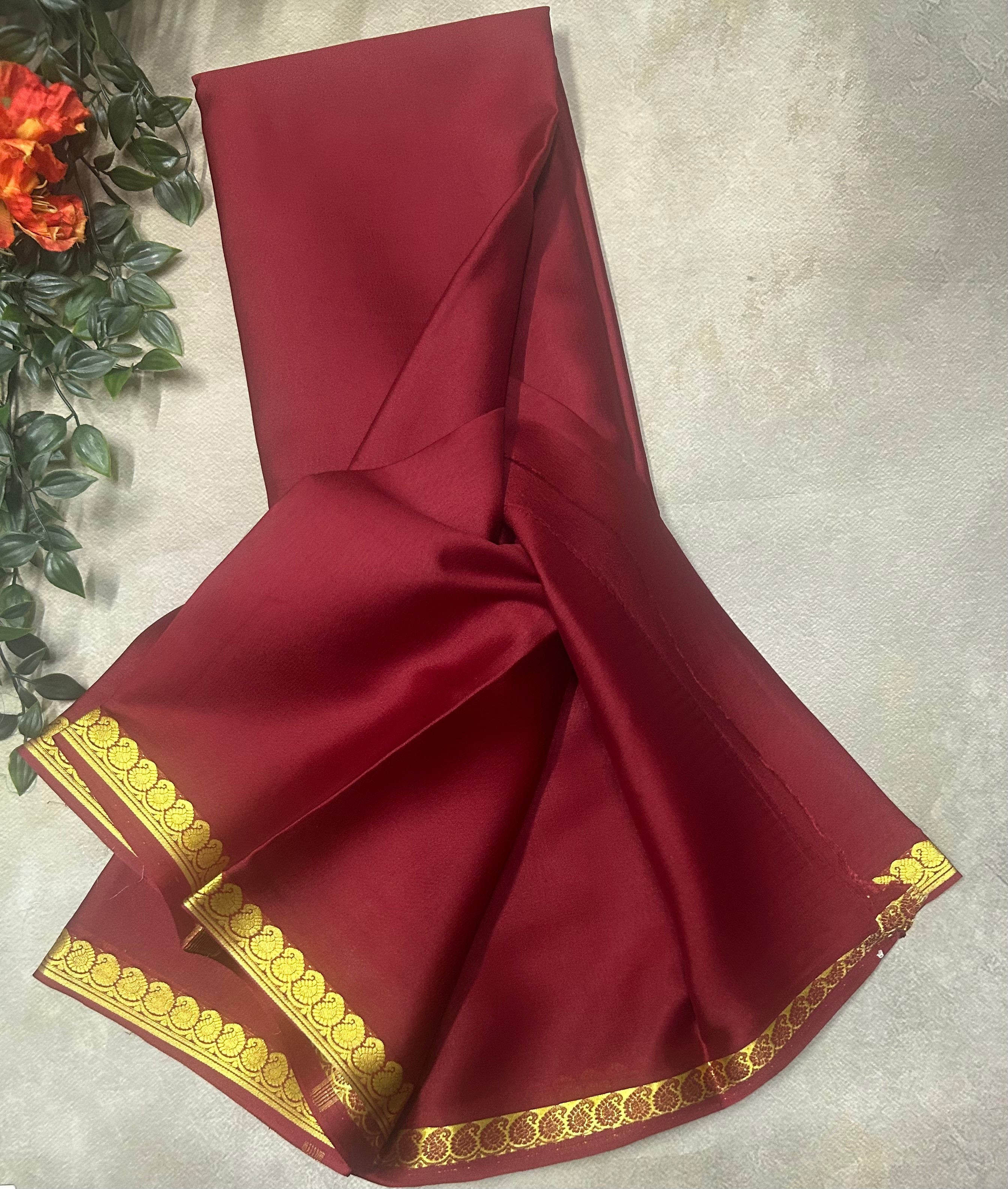 Maroon small border pure Mysore silk saree