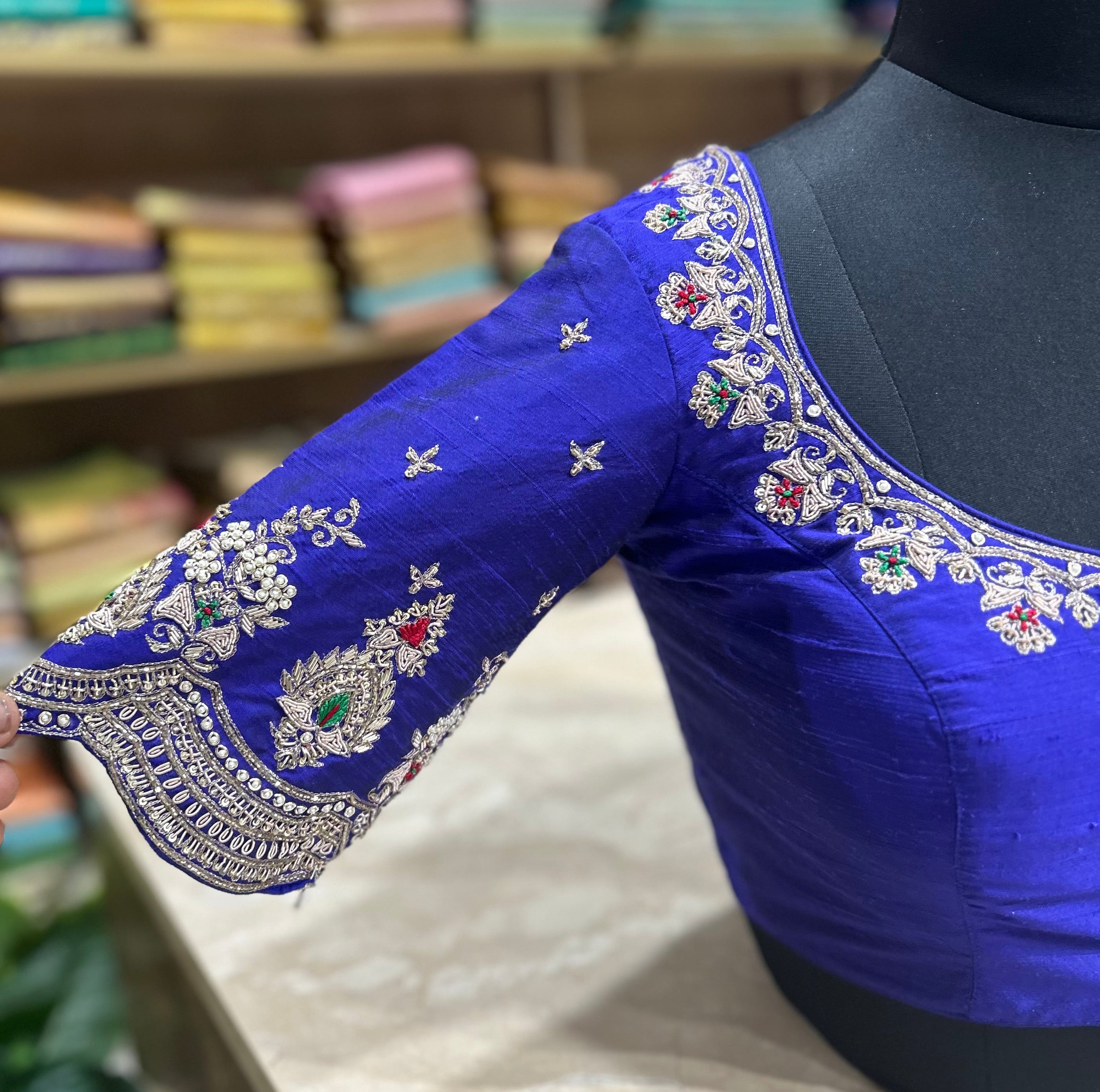 Royal blue scallop handwork blouse