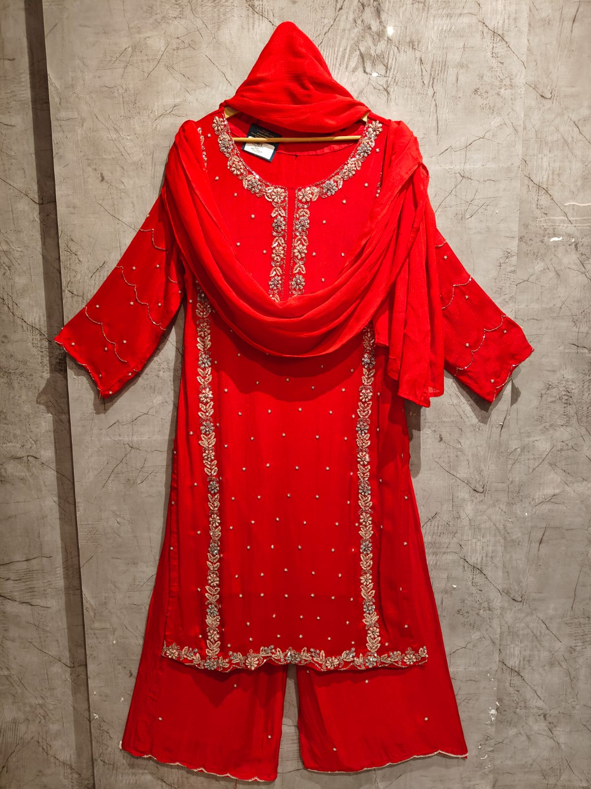 “Pari" Red chinnon Crepe party ware Sharara 301