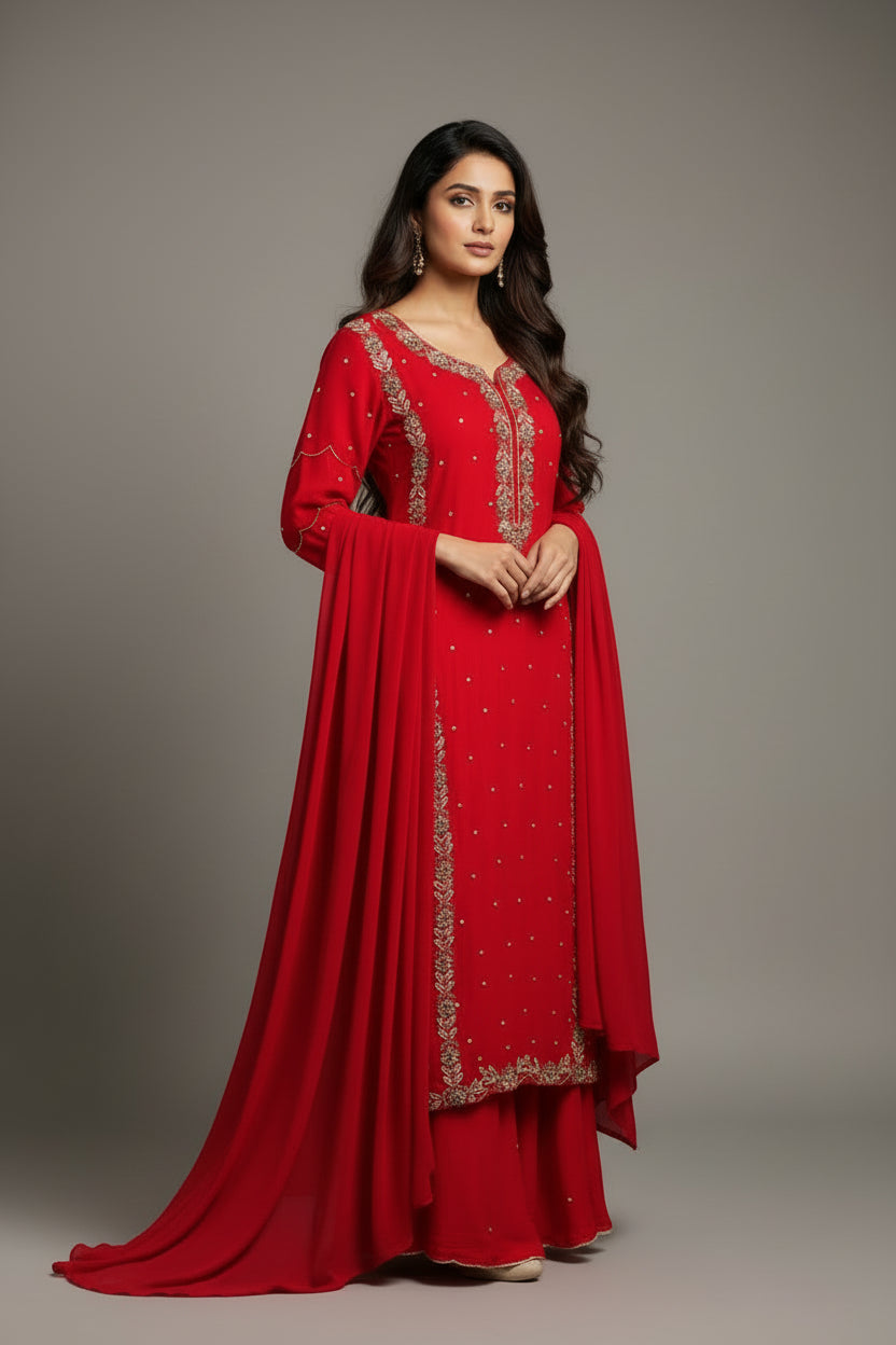 “Pari" Red chinnon Crepe party ware Sharara 301